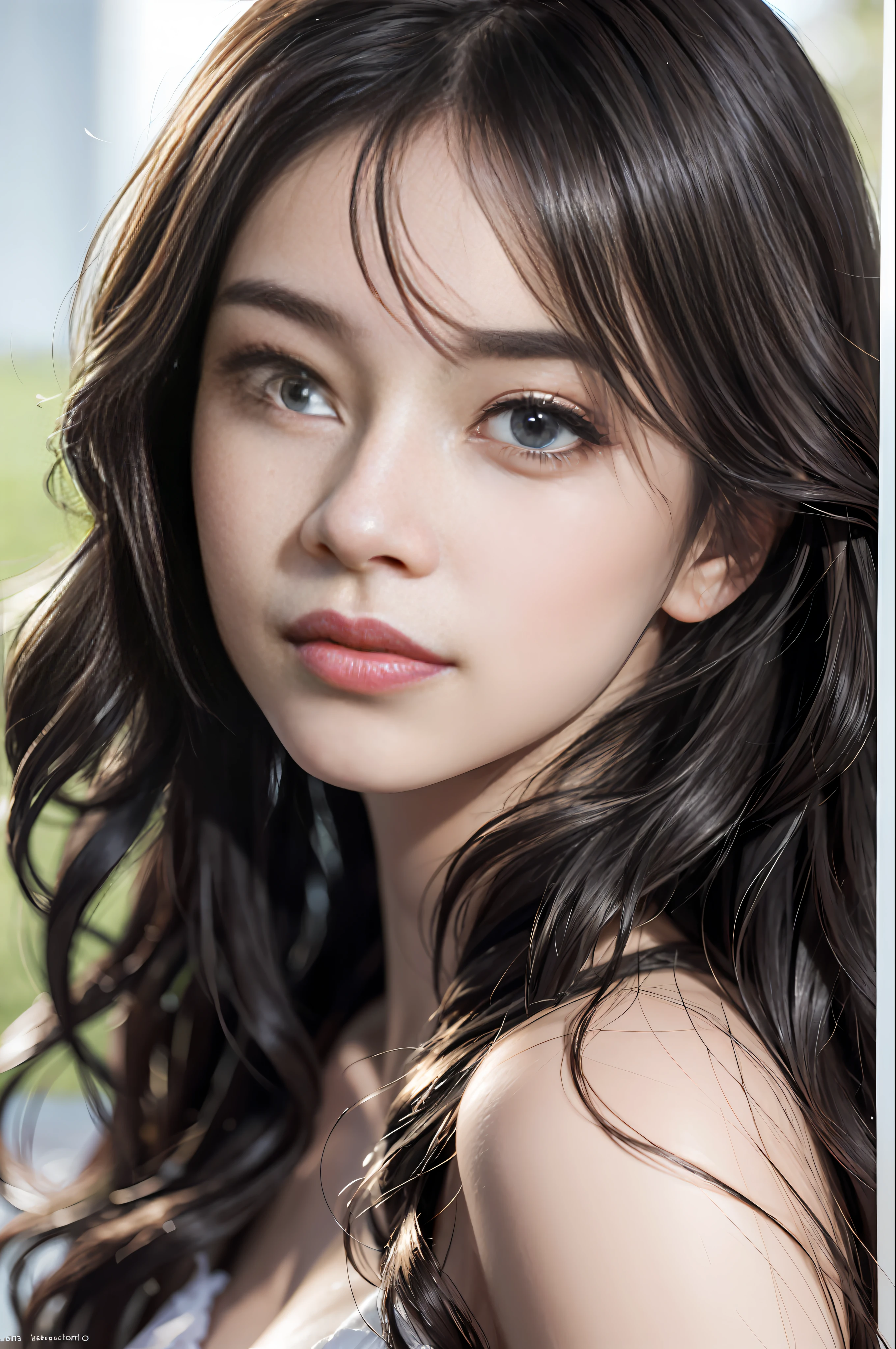 film portrait photography, 1girl, bare shoulders, wavy shoulder-length hair, serene, calm, (realistic detailed eyes, natural skin texture, realistic face details), soft dramatic lighting, depth of field, bokeh, vibrant details, finely detailed, hyperrealistic, 35mm film, hazy blur, filmg,