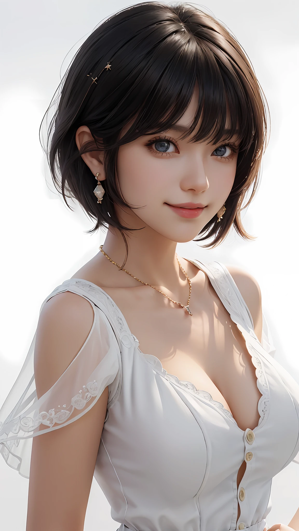 (Masterpiece:1.3), (8K, Photorealistic, RAW Photography, Best Quality: 1.4), Japan People, (1 Girl), Beautiful Face, (Realistic Face), (Black Hair, Short Hair:1.3), Beautiful Hairstyle, Realistic Eyes, Beautiful Details, (Realistic Skin), Beautiful Skin, Attractive, Ultra High Definition, Ultra Realistic, High Detail, Golden Ratio, (Fatal Face:1.2), Look at the Beholder,Smile, Open white shirt,middle ,standing,hands on ,one beautiful woman shouldered out shirt,(Open all buttons:1.1), , deep cleavage, top quality, masterpiece, illustration, very delicate and beautiful, very detailed, CG, unity, 8K wallpaper, amazing, fine details, highly detailed CG Unity 8K wallpaper, huge file size, very detailed, high resolution, Handsome Detail Woman, Highly Detailed Big Eyes and Face, Amazing Detailed Eyes, Face Light, (Best Illustration: 1.1), Ultra High Resolution, (Photoreal: 1.1), (Photoreal: 1.2:1.1), Realistic Face Proportions, Slender, Smile, (Makeup: 0.4), (Fluffy Light Colored Eyes: 1.21), Light Colored Eyes, Round Eyes, Look at the Beholder, Dark Brown Hair, Earrings, necklaces, hairpins, (irregular irregular skin defects, veins, wrinkled pores on the skin: 1.2), white background, (bokeh: 1.4), very short hair, short bob, oil on skin, oil on the face, gloss on the skin, gloss on the face, gloss on the lips, gloss on the , gloss on the , glossy skin, smile, smile, beautiful teeth, beautiful bangs, beautiful collarbone, long neck, big eyes, clear eyes, Clear double eyelids, ears out, outrageously cute, overwhelming beauty, highlights in the eyes, thick bangs, bangs