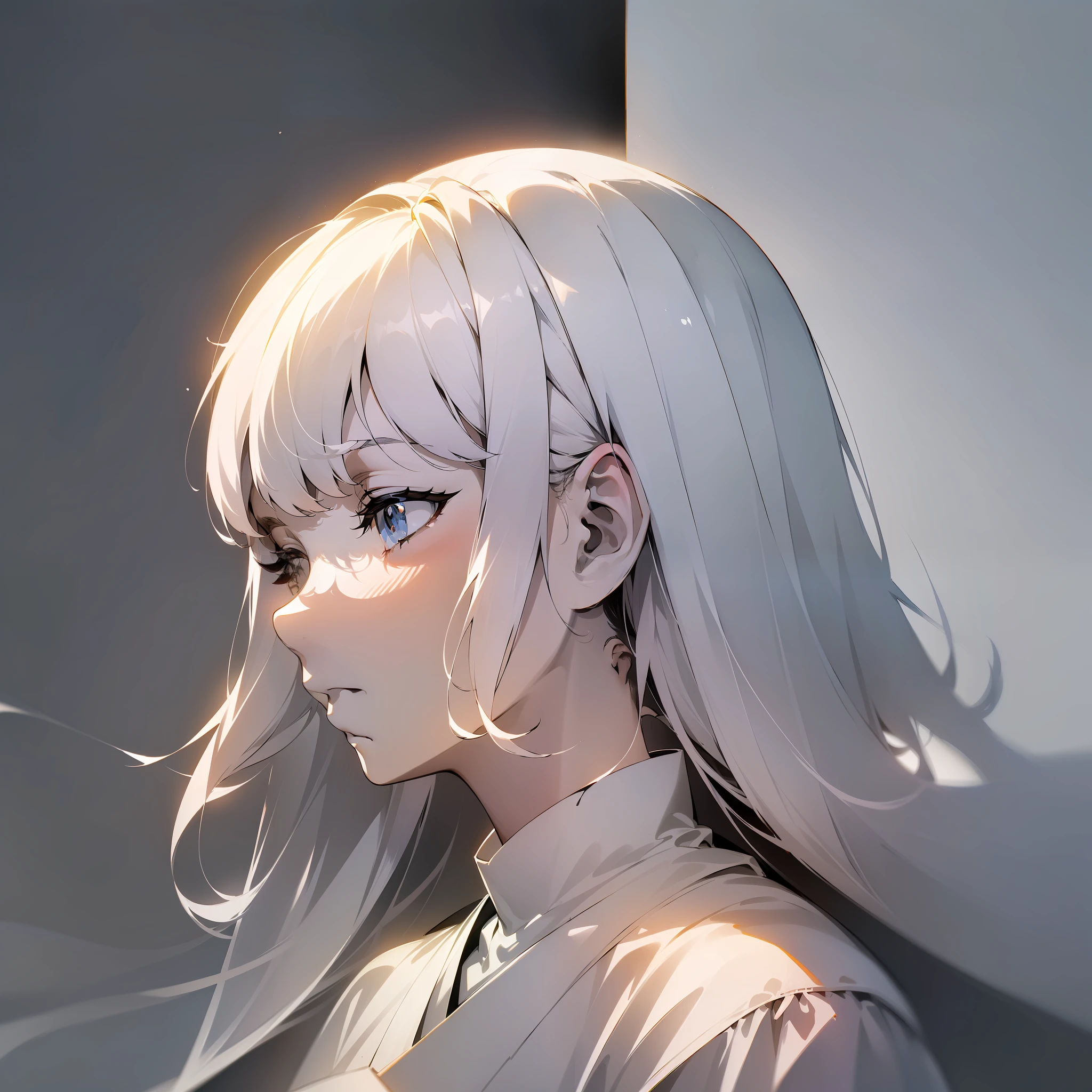 (JK White-haired Girl: 1.2, Minimalist: 1.1, Japanese Anime, Masterpiece, Delicate: 1.2, High Detail, Light and Shadow, Shadow, Fine Dust in Floating, Monochrome Background: 0.75)
