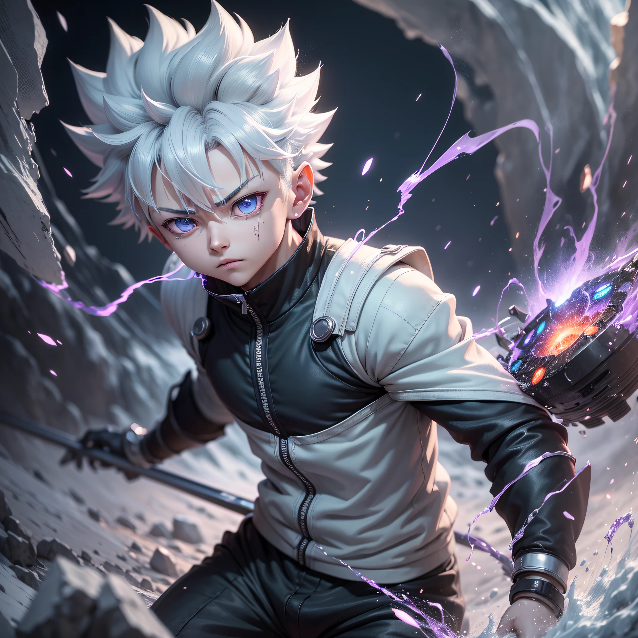 (killua: 1.2), anime, electricity, villain, blood, icy hills (8k, RAW photo, hunterxhunter: 1.2), ultra detailed, official art, organic looking clothes, gooey texture, art, PS5 cinematic screenshot, cinematic rendering, highly detailed, ultra photorealistic raytricing, cinematic lighting, action pose --auto --s2