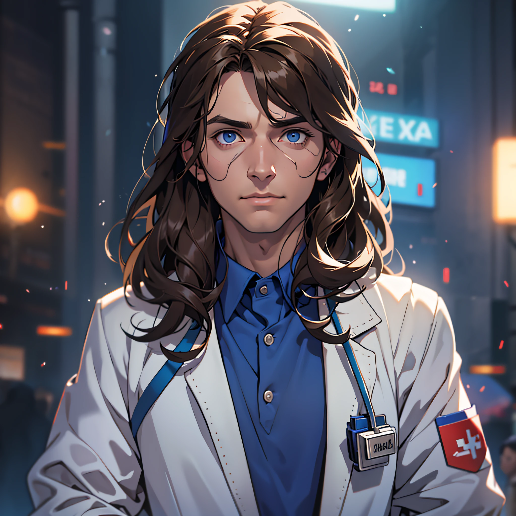 1 man, dressed in doctor costume, brunette hair, luxury, 8k, detail, ray tracing, depth of field, movie lighting, looking at the audience