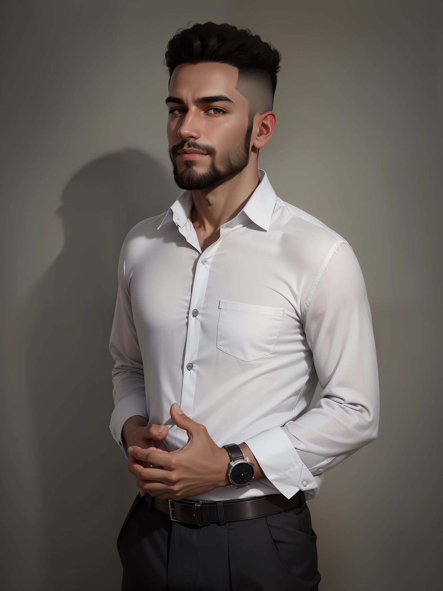 arafed man in a gray shirt and black pants standing against a white wall, wearing a linen shirt, with a small beard, wearing a light shirt, wearing in shirt, full body picture, without beard, well-groomed model, around 1 9 years old, competition winning, taken in the early 2020s, with a cool pose, professional picture, little smile
