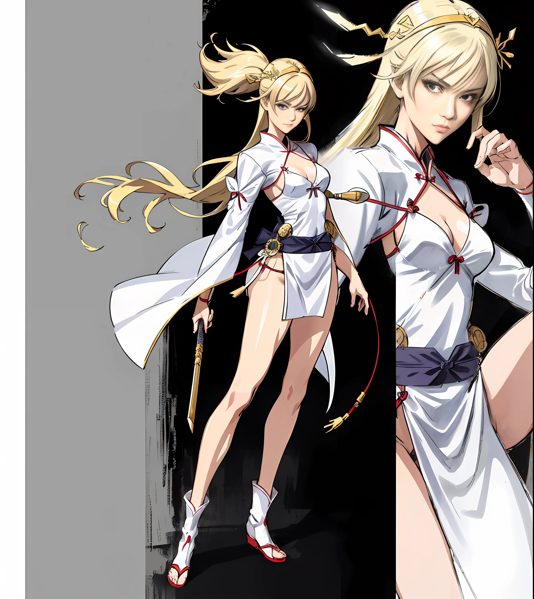 Masterpiece, 4k anime, anime painting of a female warrior in white hanfu and robes, full, slender and well-proportioned perfect body, realistic hanfu, wearing boots, combat posture study, full body, dress: bikini and hanfu, female heroine image, martial arts anime style, color sketch, sketch art style, anime art, digital anime, super high resolution, realistic proportions SFW, hands on her body pose! , full body combat pose, gesture drawing, fine sketching, full body portrait, anime painting