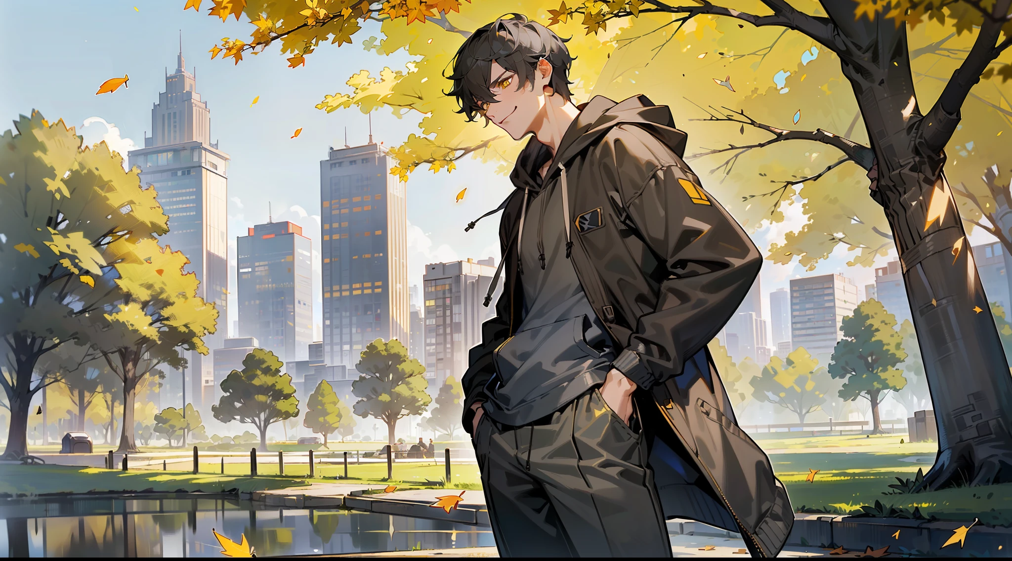 masterpiece, best quality, ultra realistic, photorealistic, high quality, human, mature handsome male, (((solo))), (male focus), ((mature)), ((black)) short hair, hair between eyes, slim, ((yellow pupils)), glowing pupils, detailed eyes, front view, (clothing, (topwear: ((dark-gray hoodie), bottomwear:(pants: dark gray)), standing, detailed clothing, coat collar, tall, smiling, (((city park))), trees, falling leaves, (detailed background), extremely detailed