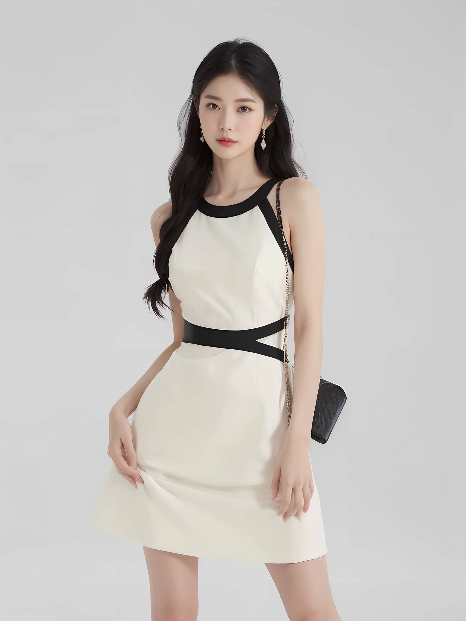 a woman in a white dress and black shoes posing for a picture, ( ivory black ), stylish dress, simple cream dress, simple dress, light half opened dress, elegant dress, korean women's fashion model, short dress, wearing ivory colour dress, white trendy clothes, elegant white dress, bone dress, cute dress, wearing white dress, sexy dress, h 576