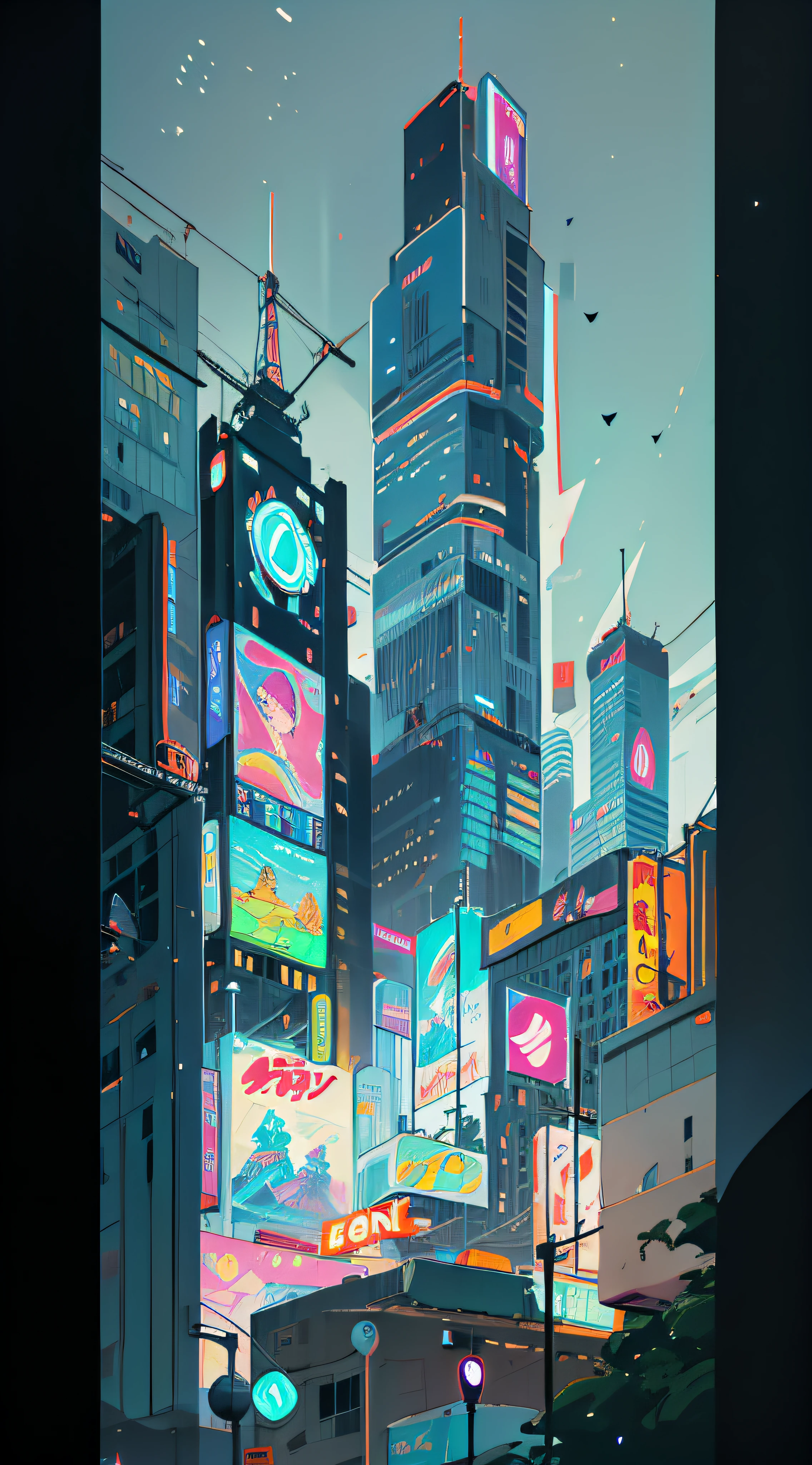 City night view, high-rise buildings, neon flashing, exquisite, giant billboards