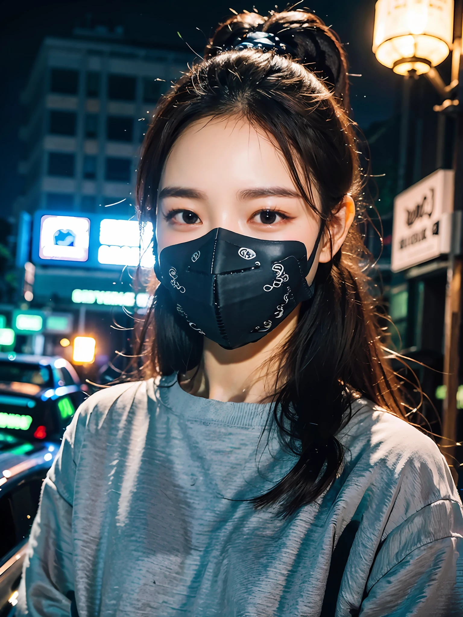 blacklight, （（1man）））, outside, night, city lights,(((wearing a Face mask)))
