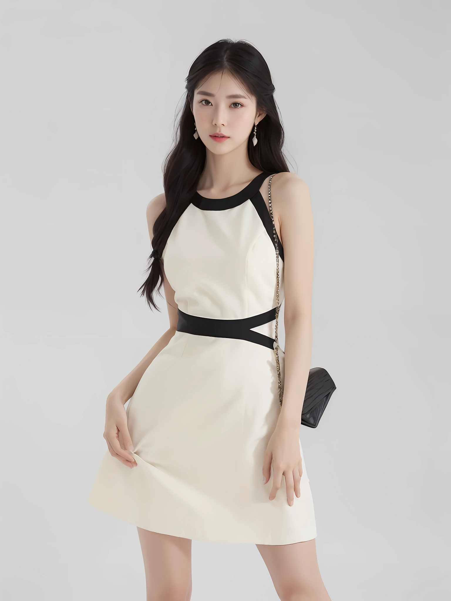 a woman in a white dress and black shoes posing for a picture, ( ivory black ), stylish dress, simple cream dress, simple dress, light half opened dress, elegant dress, korean women's fashion model, short dress, wearing ivory colour dress, white trendy clothes, elegant white dress, bone dress, cute dress, wearing white dress, sexy dress, h 576