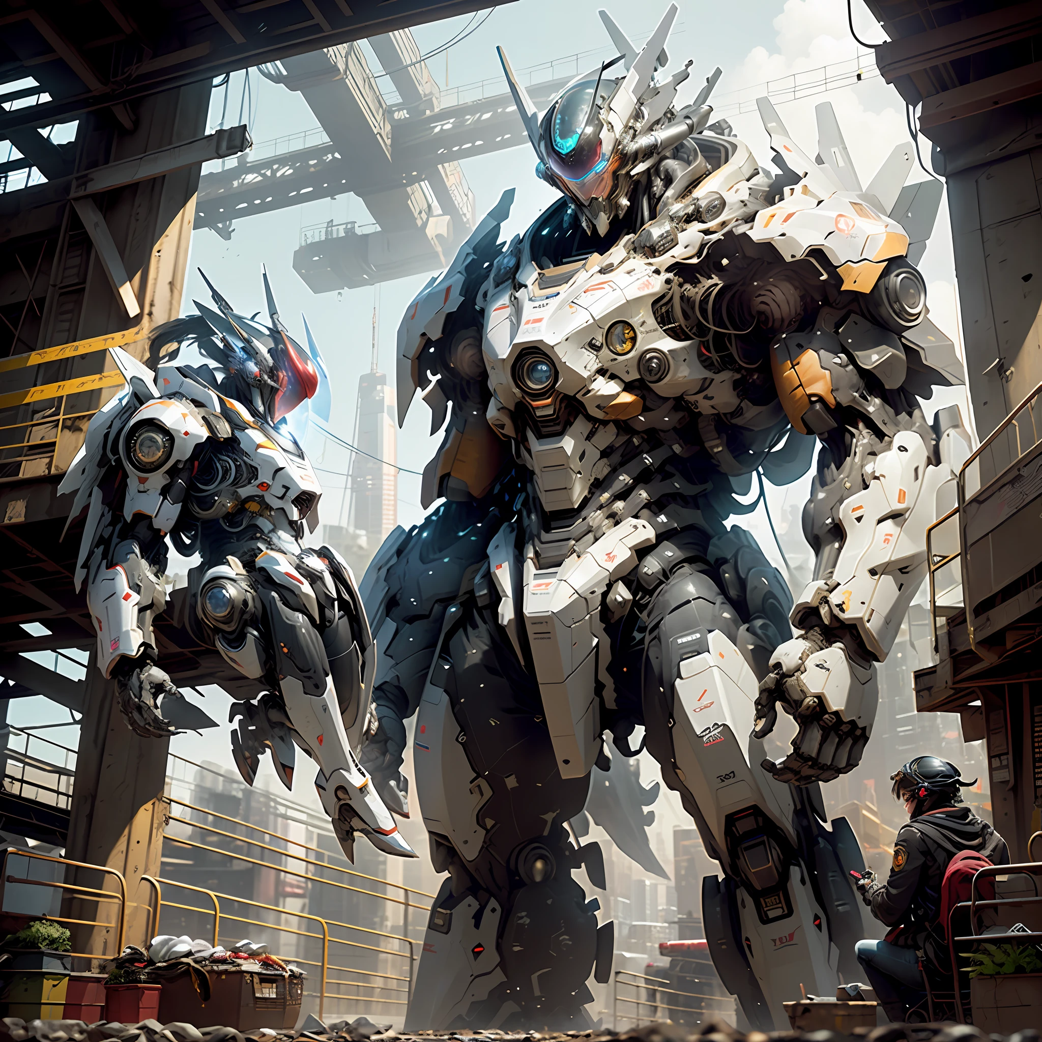 ((Best quality)), ((masterpiece)), (highly detailed:1.3), 3D, Pretty, (cyberpunk:1.2), In Space, Nebula, holding_weapon, (1Female mecha: 1.3), facing the audience, huge mech in the shape of a huge orangutan, glowing eyes, full body, (flying, diving down, dynamic, Motion Blur: 1.4), (Giant Mech Wings: 1.6), Look Up, glowing_eyes, Mecha, Panorama, Earth, Nebula, Space, Particle, Reality, HDR (High Dynamic Range), Ray Tracing, NVIDIA RTX, Super Resolution, Unreal 5, Subsurface Scattering, PBR Textures, Post-Processing, Anisotropic Filtering, Depth of Field, Maximum Sharpness and Sharpness, Multi-layer Textures, Albedo and Specular Maps, Surface shading, Accurate simulation of light-material interactions, Perfect Proportions, Octane Render, Two-tone illumination, Large aperture, Low ISO, White balance, Rule of Thirds, 8K RAW, High Performance Sub-Pixel, Subpixel Convolution,
