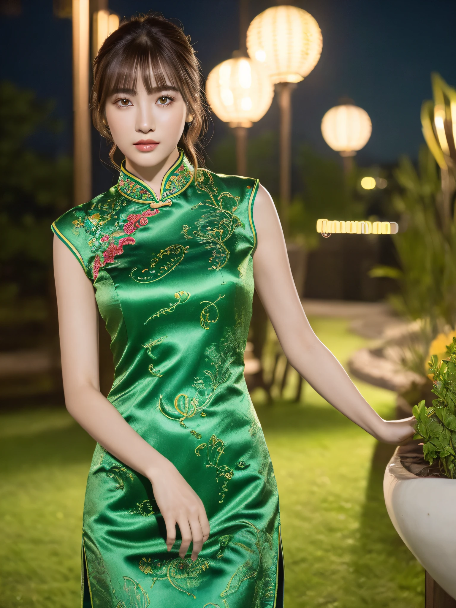 ((Night view, realistic light, best quality, 8k, masterpiece: 1.3)), 1girl, beautiful woman with slender figure, brown hair, wearing light green cheongsam, embroidered phoenix pattern, sleeveless, sexy, split end, long legs, super detailed face, detailed eyes, double eyelids