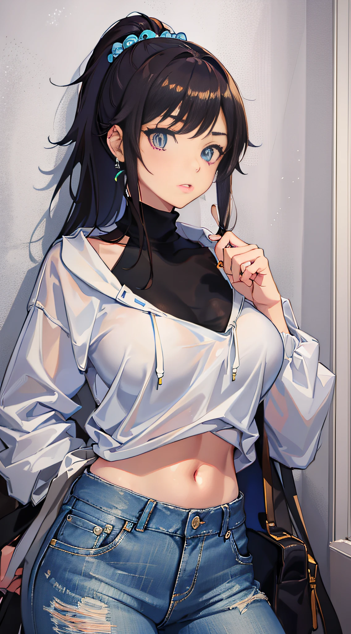 (masterpiece:1.2, best quality), (finely detailed beautiful eyes: 1.2), a girl with a brown ponytail, green eyes, in white hoddie, blue jeans, big breasts, only 1 girl, age 20