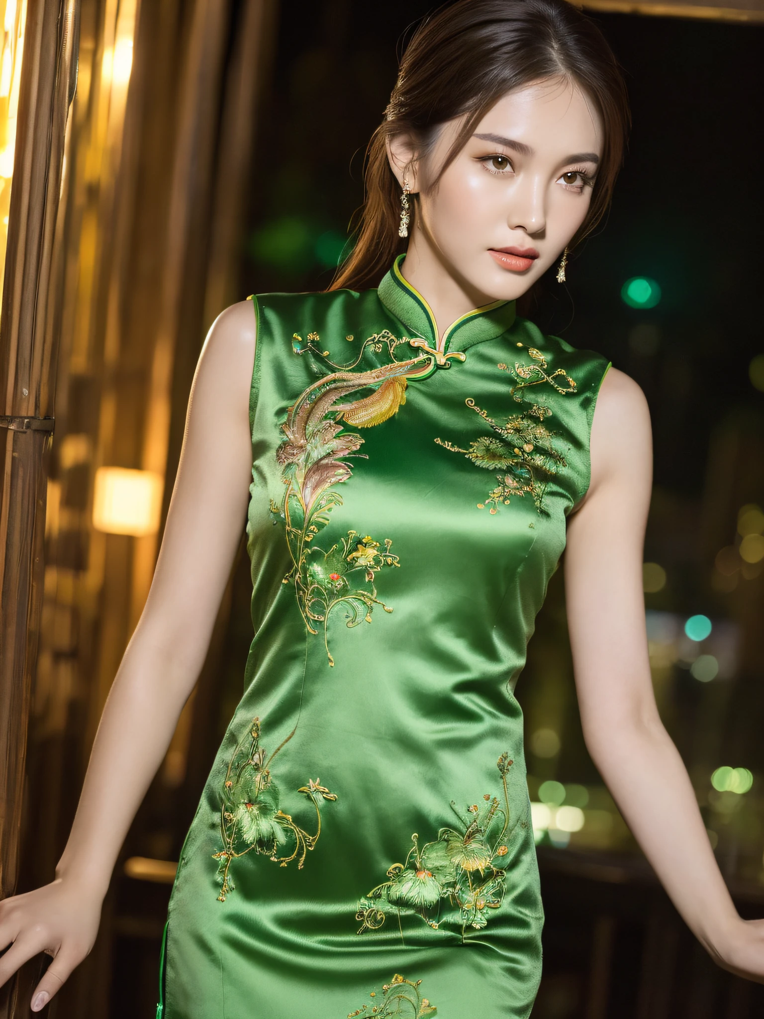 ((Night view, realistic light, best quality, 8k, masterpiece: 1.3)), 1girl, beautiful woman with slender figure, brown hair, wearing light green cheongsam, embroidered phoenix pattern, sleeveless, sexy, split end, long legs, super detailed face, detailed eyes, double eyelids
