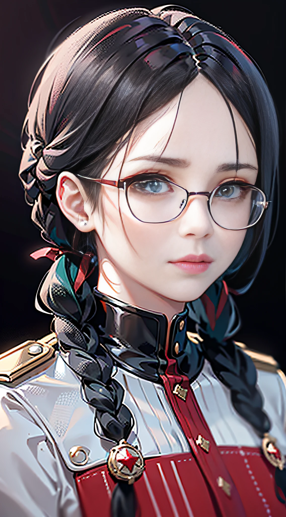 Beautifully detailed delicate face, detailed beautiful delicate eyes, perfect facial proportions, high-detailed skin, fine skin, best ratio four fingers to one thumb, masterpiece, detail High resolution, realistic, matching hair style and face shape, highest face resolution, adult, woman dressed modestly, completely dressed,( small, black hair, straight black braided hairstyle, Highest resolution 2 pigtails, straight bob bangs, red glasses, dark green eyes), armed forces, professor, ( academic uniform, scientist uniform, red shirt, white shirt), world future, science fiction, warship, standing on an aircraft carrier, government agency, deep intelligent personality, calm expression, respectful face, war, warplane