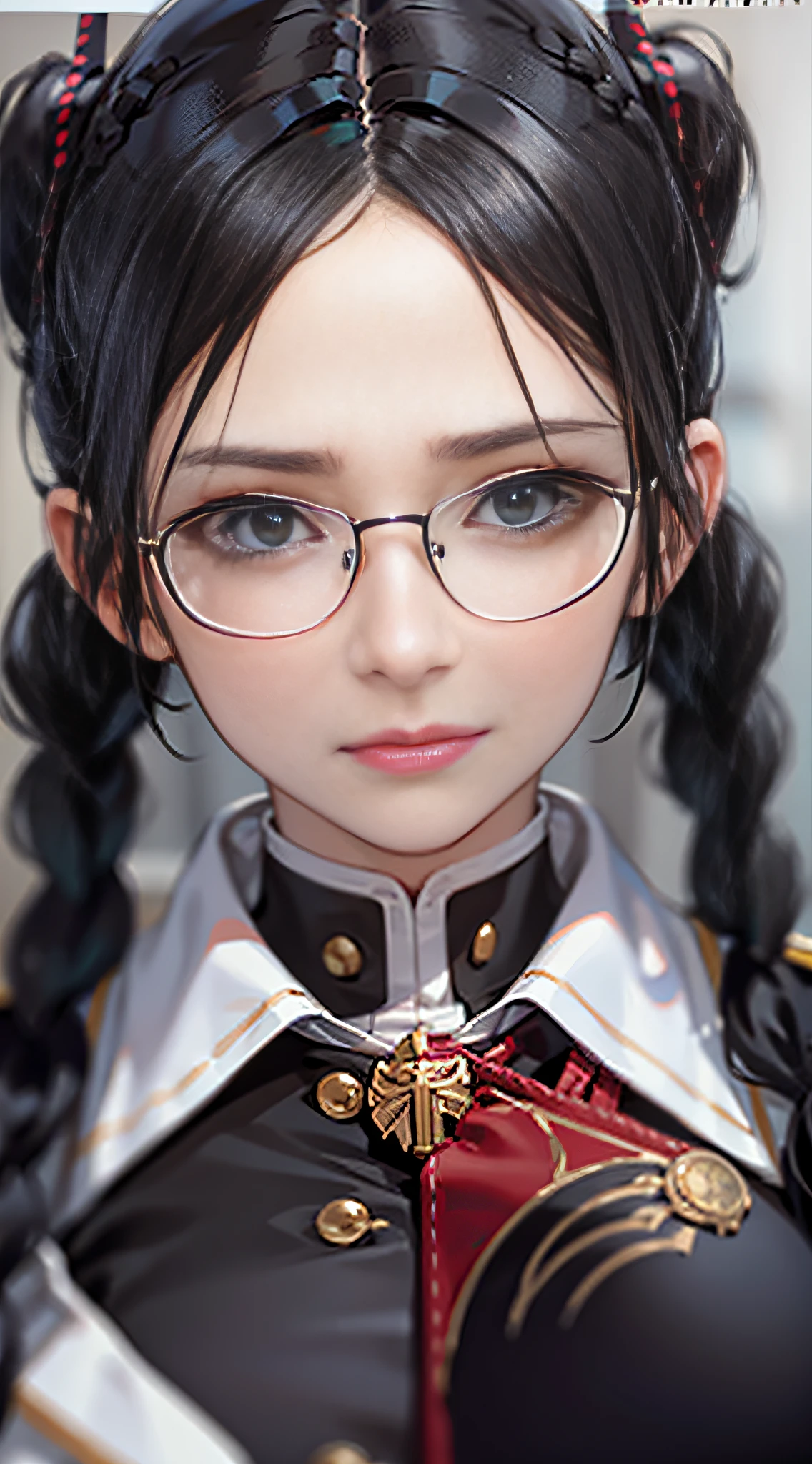 Beautifully detailed delicate face, detailed beautiful delicate eyes, perfect facial proportions, high-detailed skin, fine skin, best ratio four fingers to one thumb, masterpiece, detail High resolution, realistic, matching hair style and face shape, highest face resolution, adult, woman dressed modestly, completely dressed,( small, black hair, straight black braided hairstyle, Highest resolution 2 pigtails, straight bob bangs, red glasses, dark green eyes), armed forces, professor, ( academic uniform, scientist uniform, red shirt, white shirt), world future, science fiction, warship, standing on an aircraft carrier, government agency, deep intelligent personality, calm expression, respectful face, war, warplane