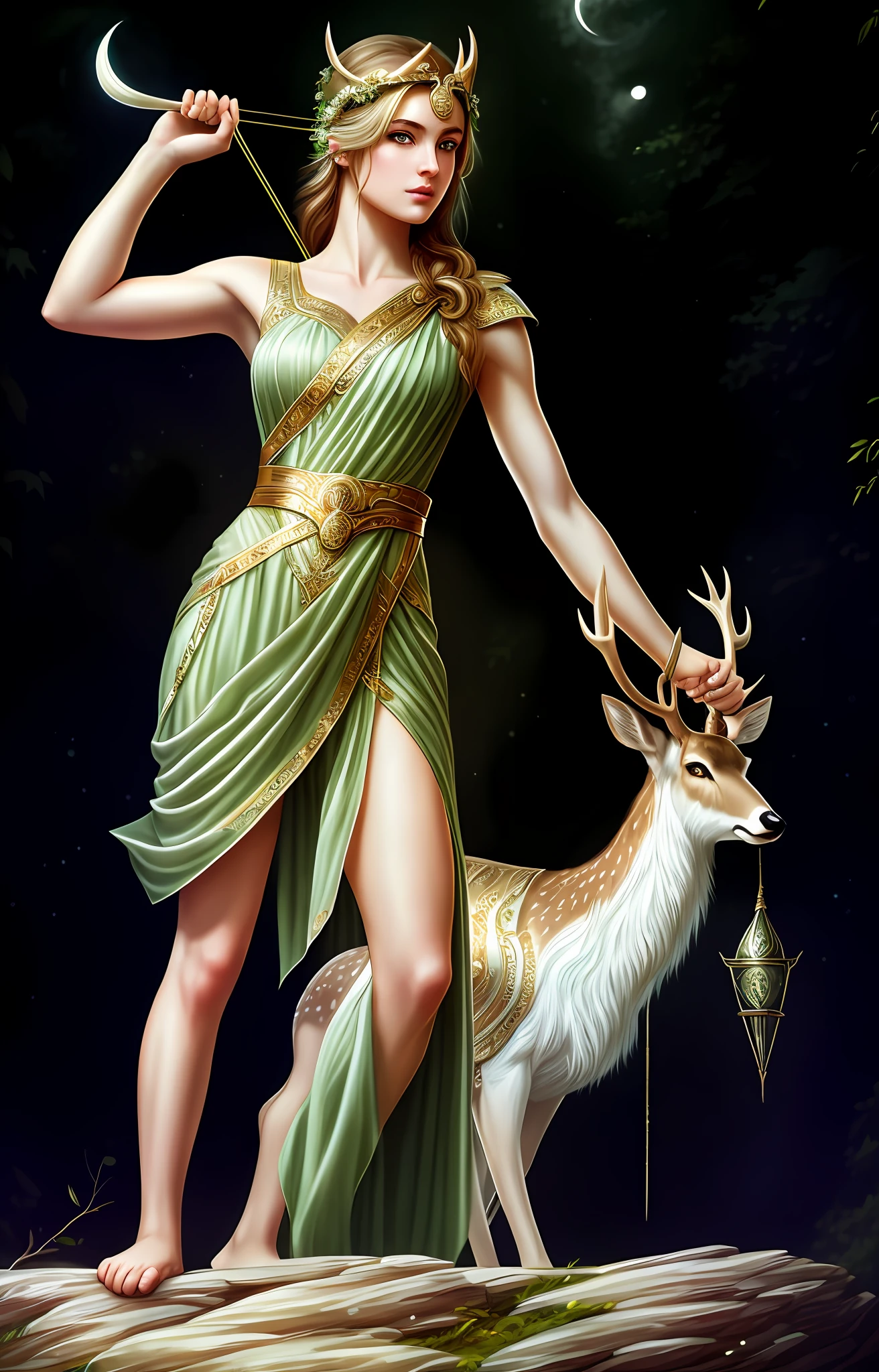 Greek goddess Artemis, youthful and graceful, golden moonlit hair framing her serene face, fierce and determined gaze, dressed in a flowing green chiton with a silver crescent moon emblem, holding a bow and arrows, standing with a bow in serene forest in Olympus, trees, wild animal, forest, intricate, elegant, highly detailed, digital painting, art station, concept art, soft, sharp focus, illustration, art by artgerm and artstation, masterpiece, one person only, extremely detailed, human skin, alive, detailed background, full body, deer, forest background, moon, blonde hair, best quality