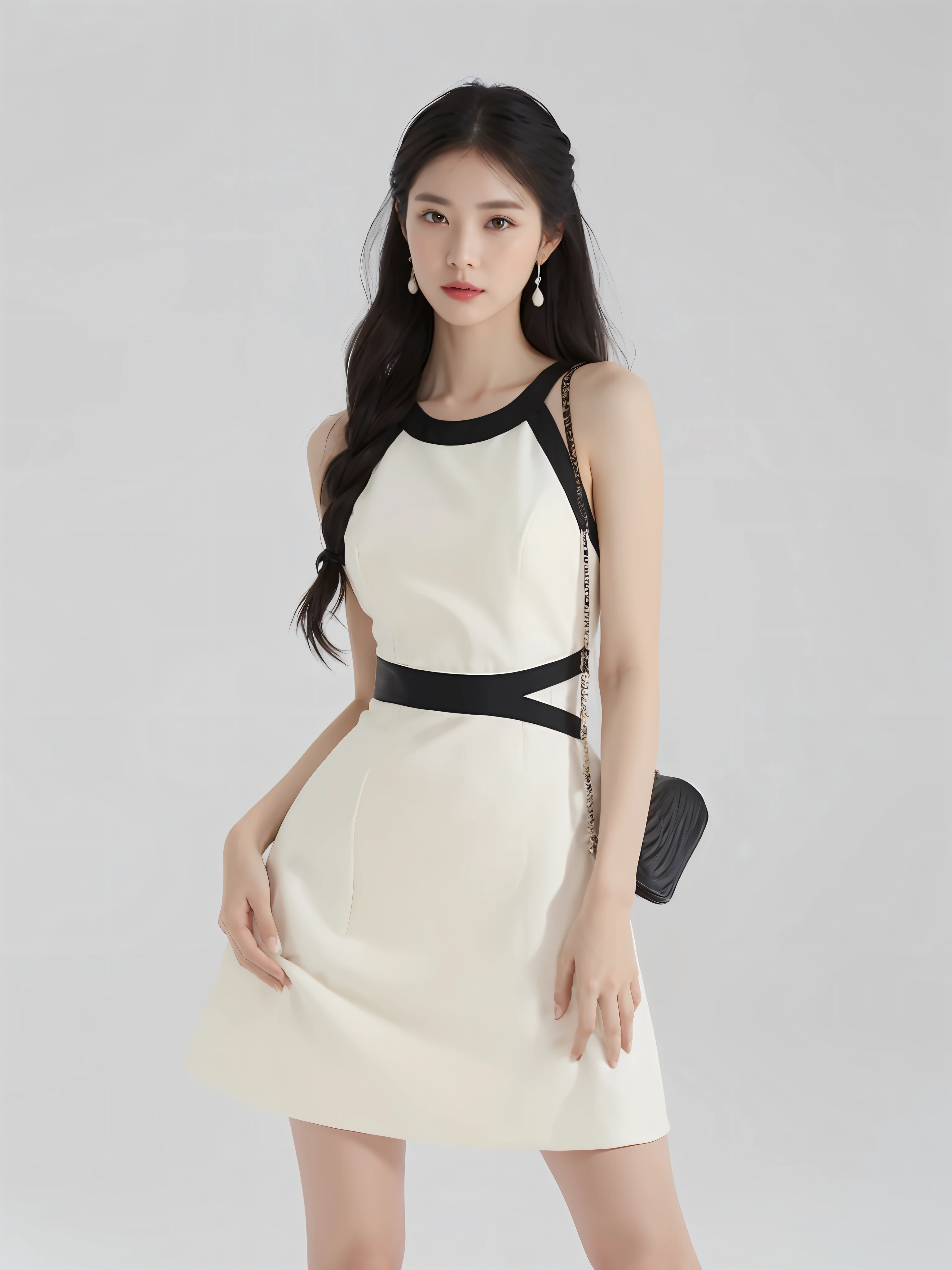 a woman in a white dress and black shoes posing for a picture, ( ivory black ), stylish dress, simple cream dress, simple dress, light half opened dress, elegant dress, korean women's fashion model, short dress, wearing ivory colour dress, white trendy clothes, elegant white dress, bone dress, cute dress, wearing white dress, sexy dress, h 576