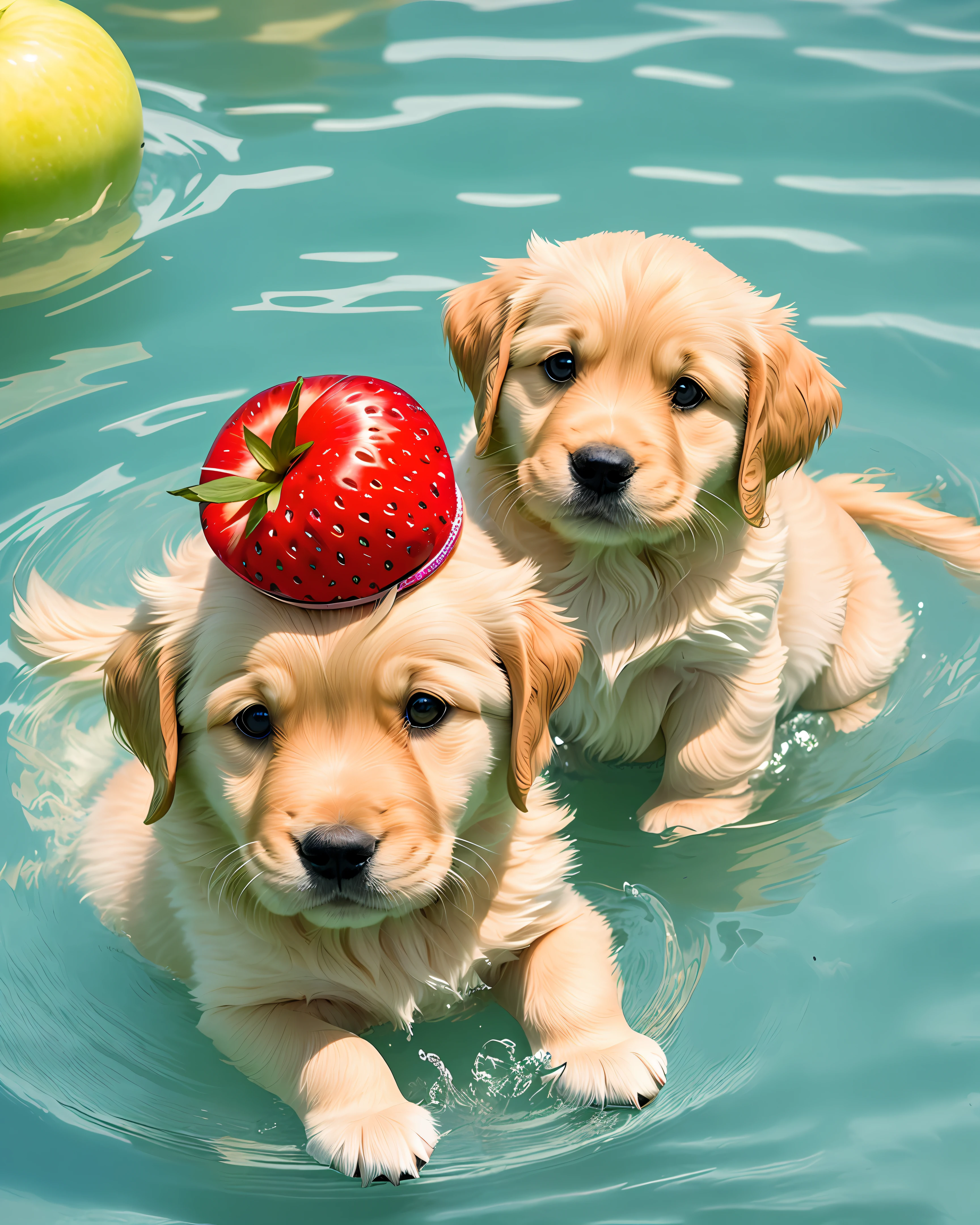 : 3. Golden retriever puppy, realistic, hairy, swimming clothed animal, apple, clear circles, blush, cherry, food, fruit, full body, hat, non-human, strawberry, tomato, watermelon