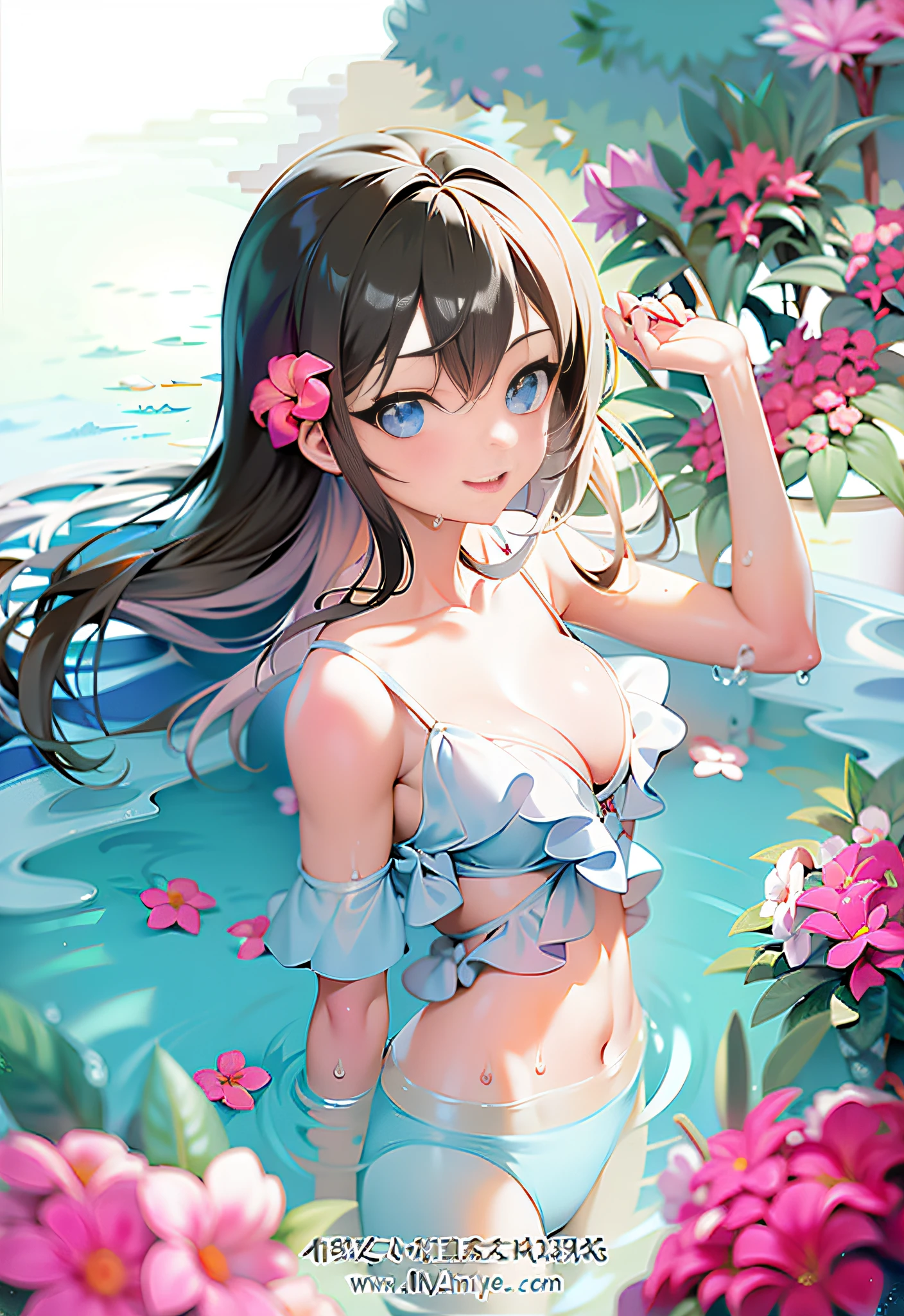 anime girl in a bikini in a pool with flowers, beautiful anime girl, pretty anime girl, attractive anime girl, seductive anime girl, anime visual of a cute girl, beautiful anime woman, beautiful anime, (anime girl), beautiful alluring anime teen, wallpaper anime blue water, cute anime girl, young anime girl, beautiful alluring anime woman, anime moe artstyle