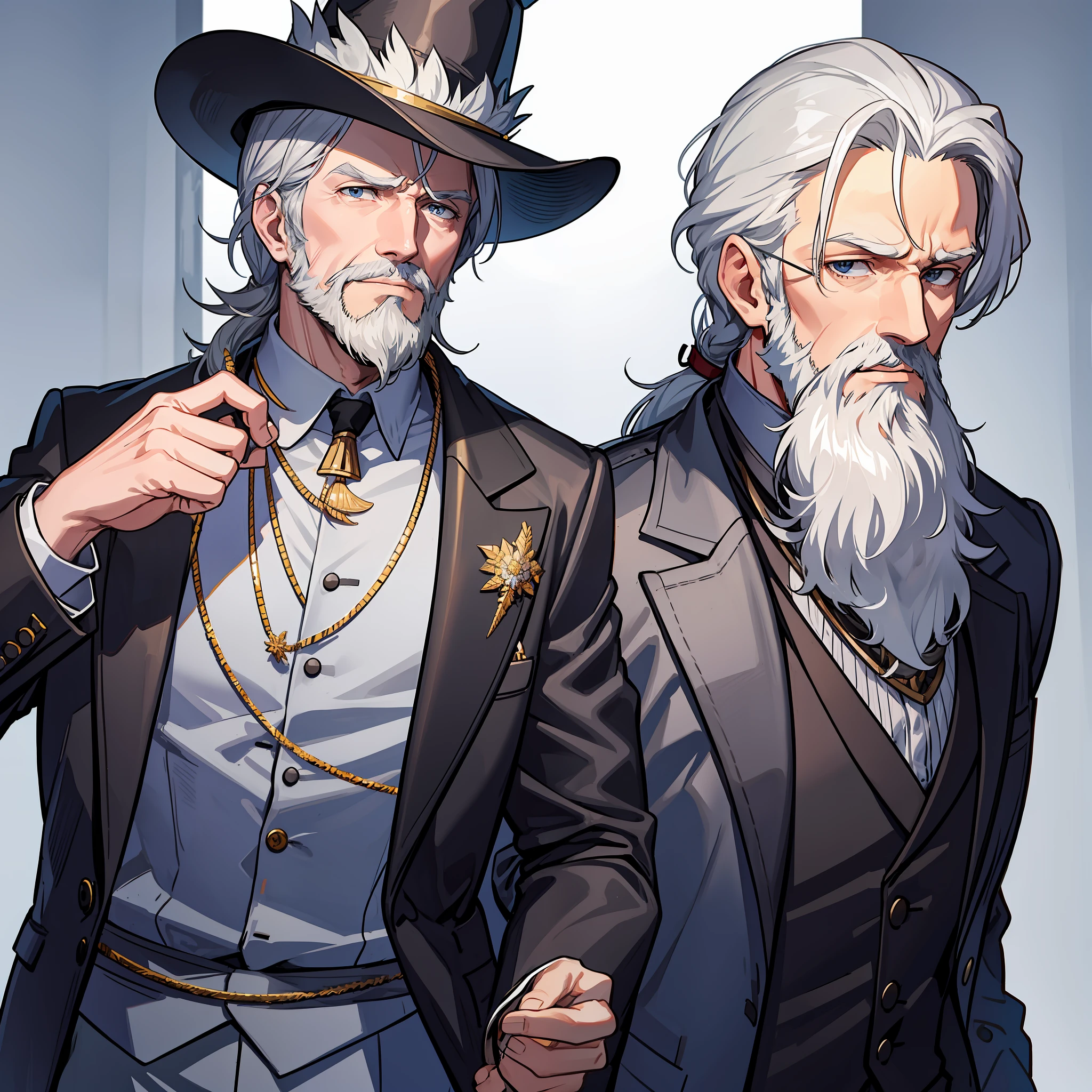 A grey-haired Englishman wearing a fancy suit is a hat, with a well-made white beard and a necklace around his neck, holding two blades in each hand, is a scar in his eye