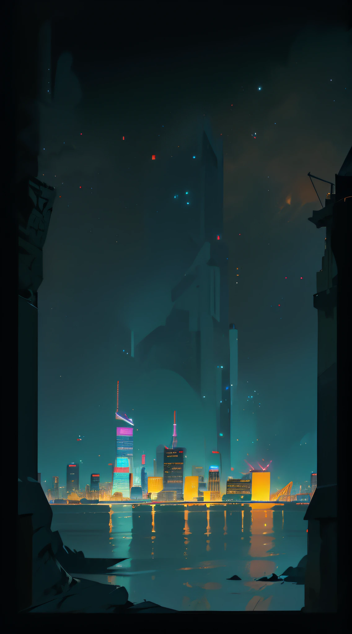 City night view, high-rise buildings, neon flashing, exquisite, giant billboards