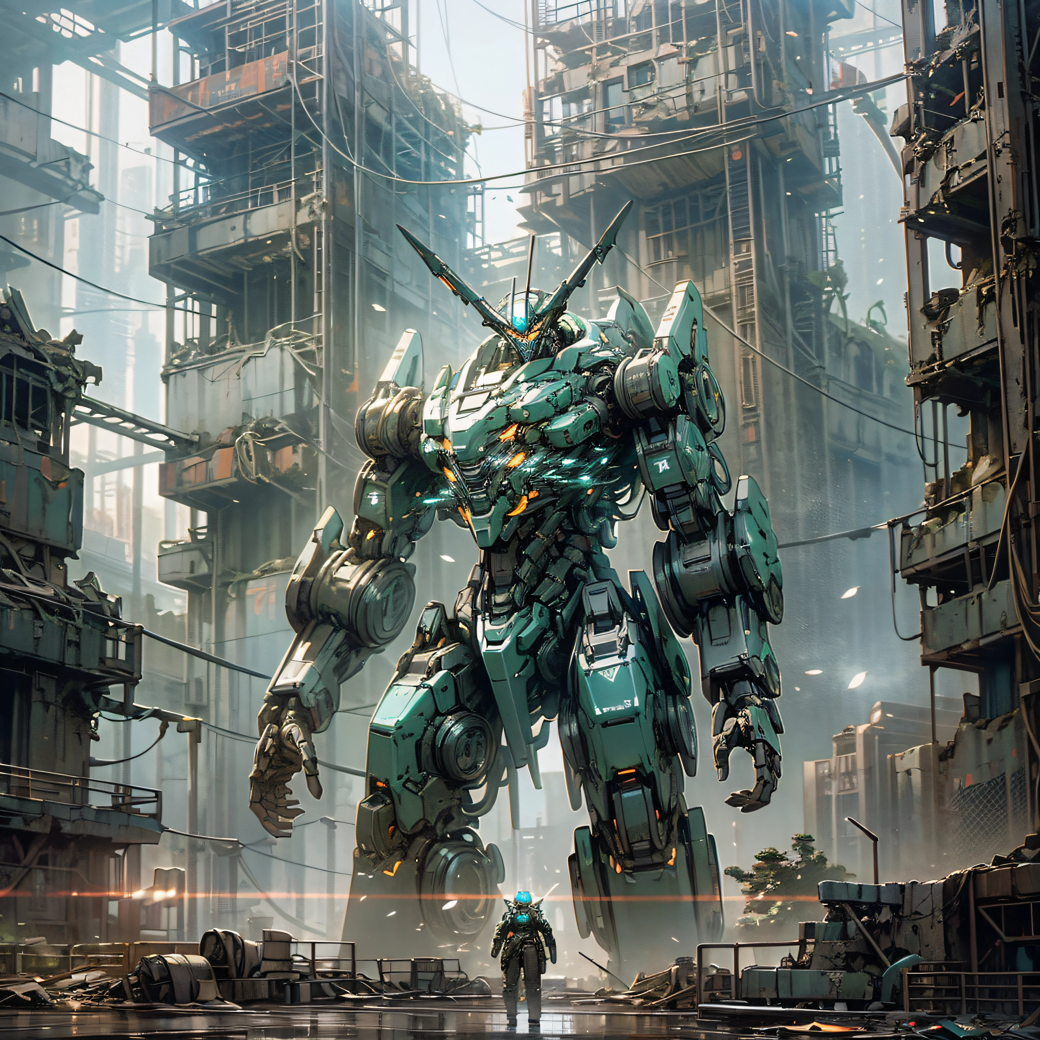 (Deep in the ruins of the futuristic city, a [alone] humanoid mech towers over the wasteland.) Deep reflective goggles and glowing eyes illuminate the surrounding ruins, and the precise mechanical structure is intertwined and twisted, shining strangely in the interlacing of light and shadow. )