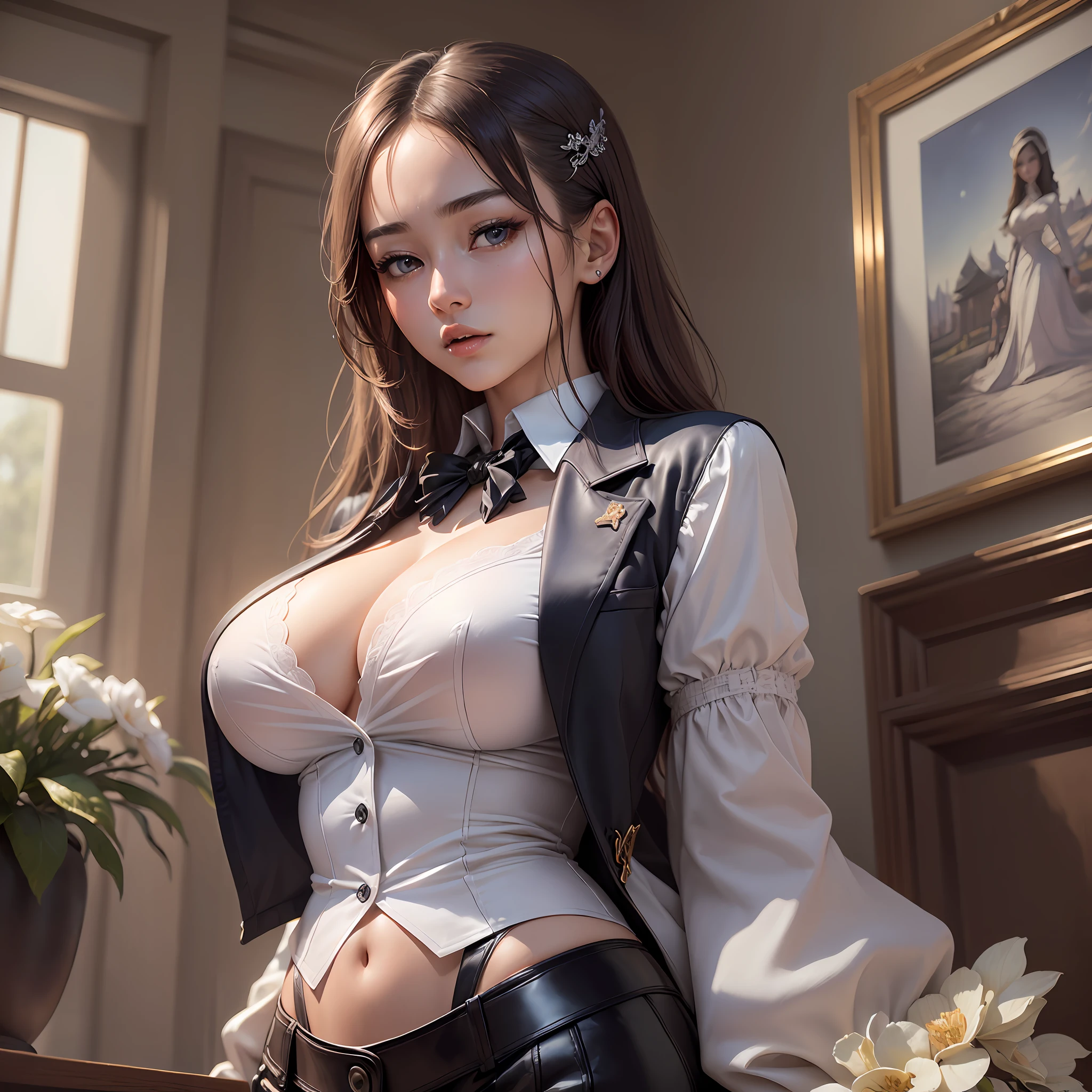 Masterpiece, top quality, ((((Realistic, Photorealistic: 1.37))), 8K, very delicate and beautiful, wonderful, official art with attention to detail, ridiculous, incredibly ridiculous, huge file size, super detailed, very detailed, (beautiful detailed girl), very detailed eyes and face, beautiful detailed eyes, light on the face, nsfw, (one girl), look at the viewer, ( Perfect female figure), slim waist, (Korean beauty), full body, big breasts, standing, butler, shirt with collar, tailcoat, abdomen, unbuttoned, open clothing, feminine look, --auto --s2
