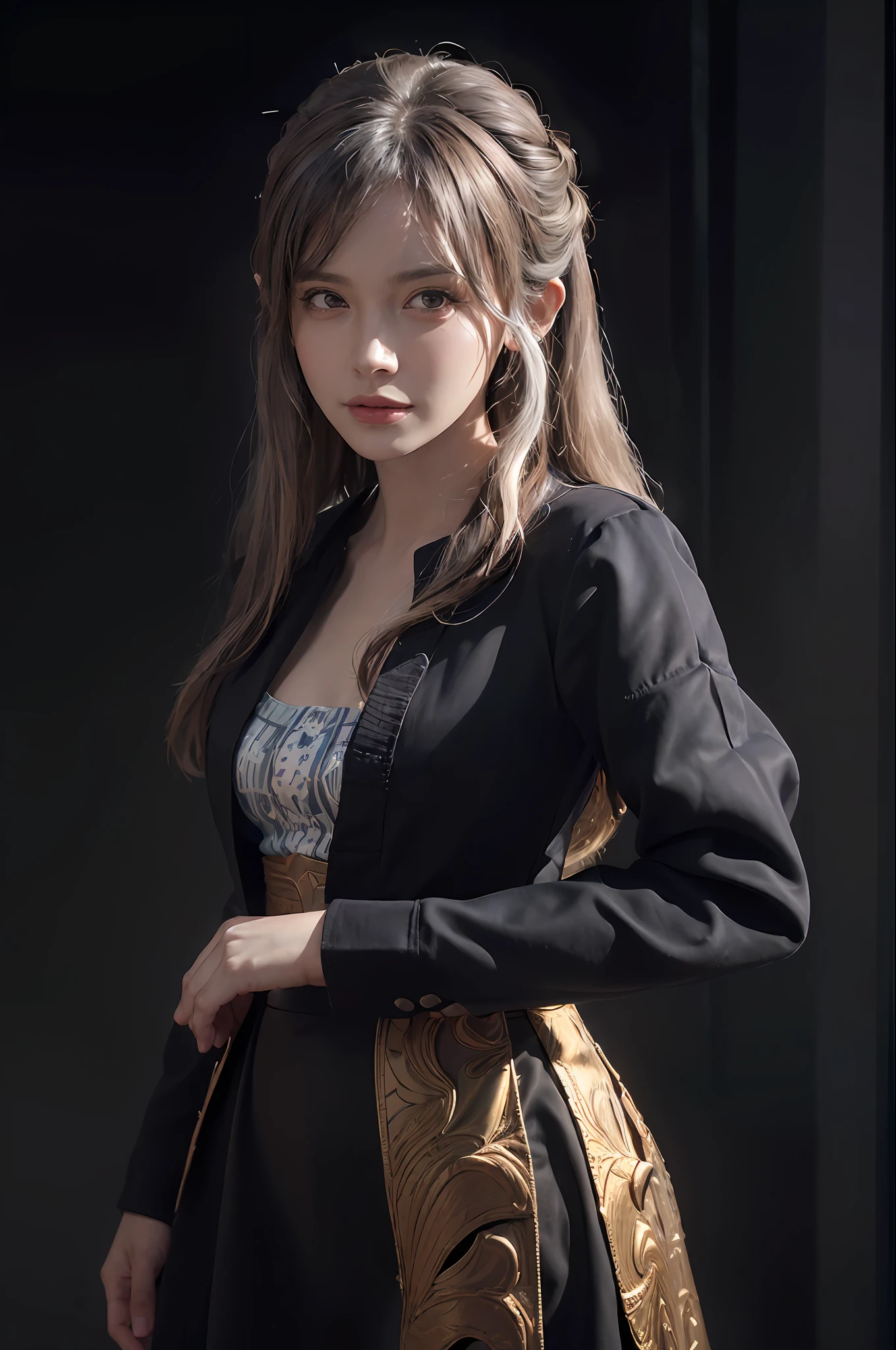 (front focus), (in the dark:1.6), Hyperrealist portrait of female by david hockney and alphonse mucha, fantasy art, photo realistic, dynamic lighting, artstation, poster, volumetric lighting, very detailed faces, 4 k, award winning, 1girl, in the dark, deep shadow, low key, cowboy shot, (official clothing:1.4), long hair, white hair