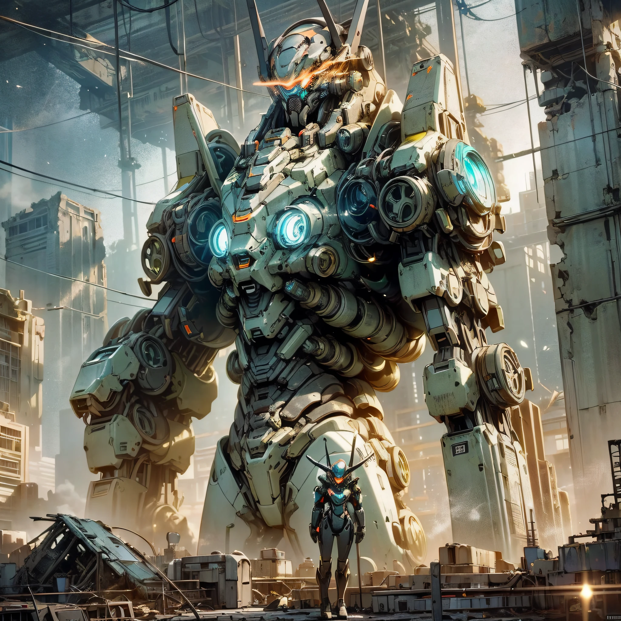 (Deep in the ruins of the futuristic city, a [alone] humanoid mech towers over the wasteland.) Deep reflective goggles and glowing eyes illuminate the surrounding ruins, and the precise mechanical structure is intertwined and twisted, shining strangely in the interlacing of light and shadow. )