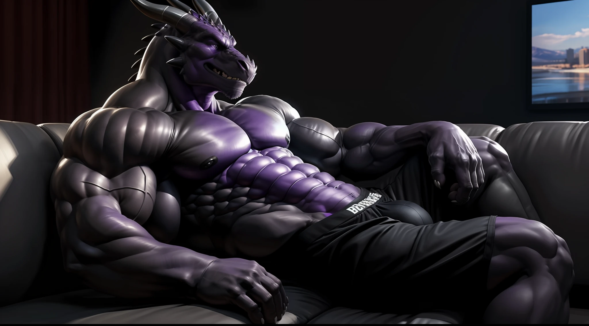 uploaded on e621.net, best quality, masterpiece, anthro, dragon, solo, big muscles, tall, sitting on couch, in tightening ((black boxers)), (side view), detailed eyes, photorealistic, ((black body)), (((purple pectorial muscles))), (((purple abs))), massive bulge, looking angry, (long tail), (correct anatomy), (high detail, 3D rendering, shading), watching TV, by kaynine, chunie, darkgem
