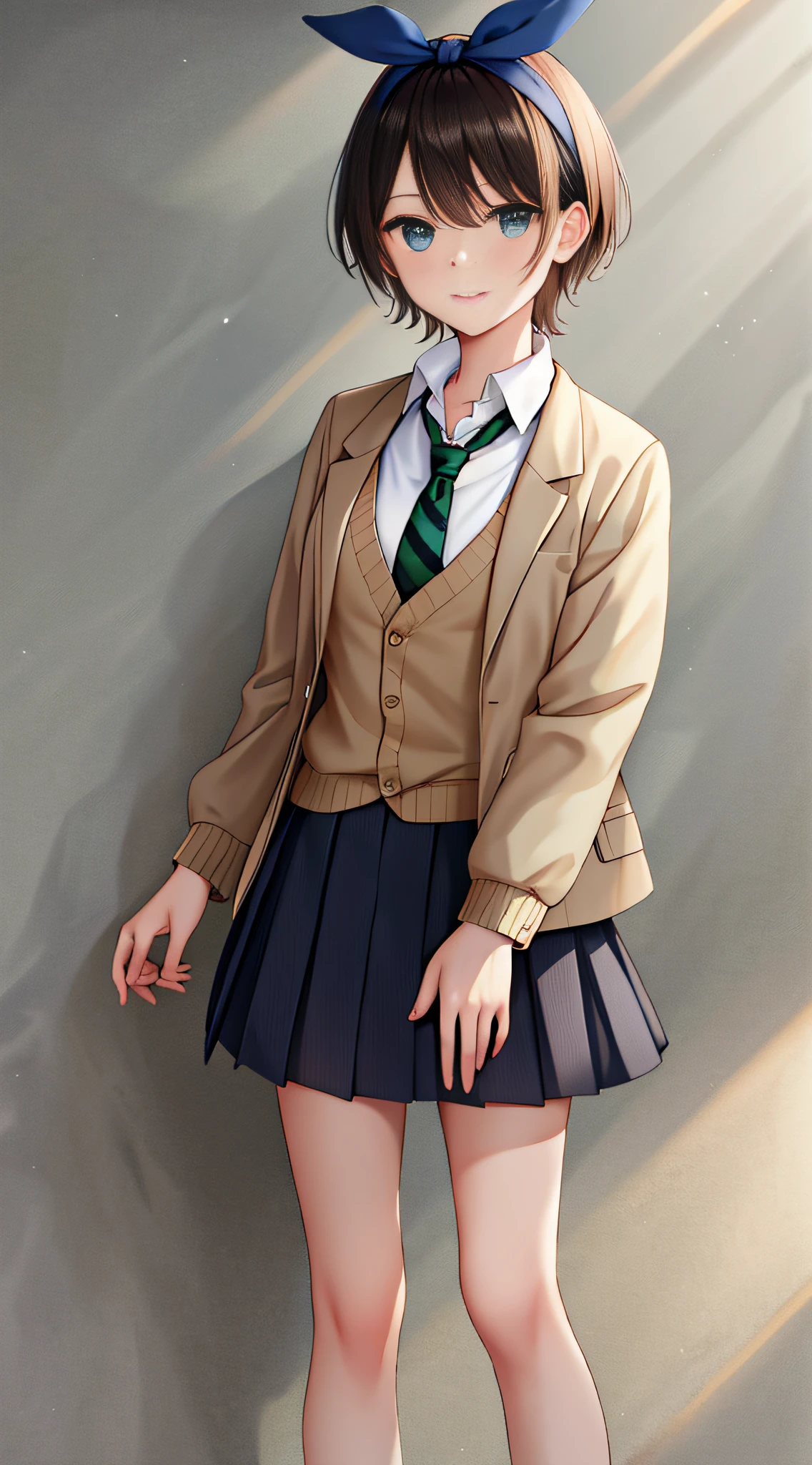 Masterpiece, Superb Top, High Resolution, 1girl, Solo, Skirt, Jacket, Shirt, Blue Eyes, White Shirt, Tie, Green Tie, Brunette Pleated Skirt, Socks, Diagonal Stripe Tie, Cardigan Coat, Cardigan Jacket, Striped Tie, Collared Shirt, Black Jacket, Black Skirt, Striped, Blazer, Short Hair, Long Sleeves, Bangs, School Uniform, Black Socks, Diagonal Stripes, Headbands, Headbands, Ribbons, Blue Headbands, Dress Shirts, Bows, Denim Shots