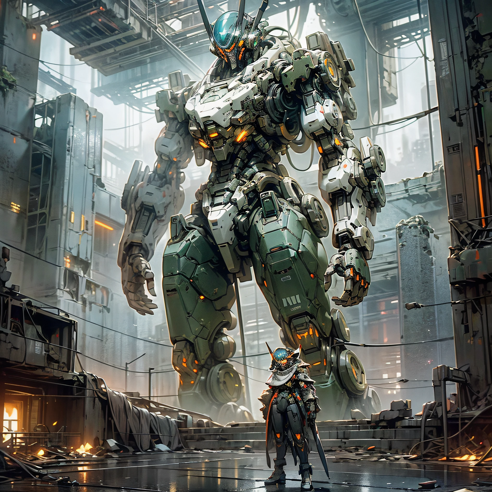 (Deep in the ruins of the futuristic city, a [alone] humanoid mech towers over the wasteland.) Deep reflective goggles and glowing eyes illuminate the surrounding ruins, and the precise mechanical structure is intertwined and twisted, shining strangely in the interlacing of light and shadow. )