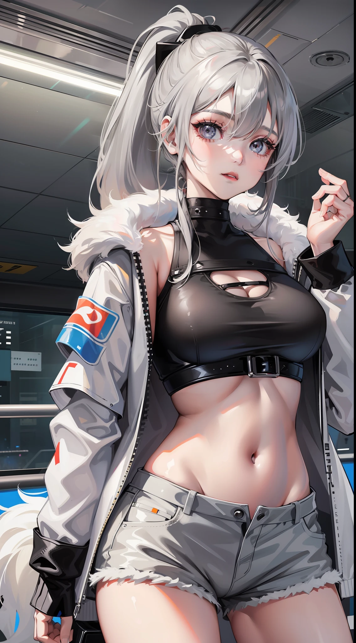 Young girl on train, short gray hair, gray eyes, high ponytail, cyberpunk, white top, open belly, shorts, fur coat, masterpiece, high quality, SilverWolf