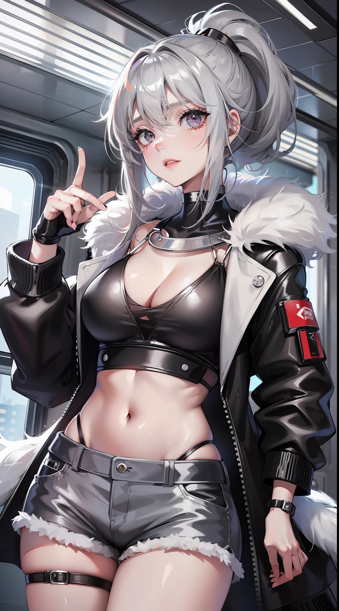 Young girl on train, short gray hair, gray eyes, high ponytail, cyberpunk, white top, open belly, shorts, fur coat, masterpiece, high quality, SilverWolf