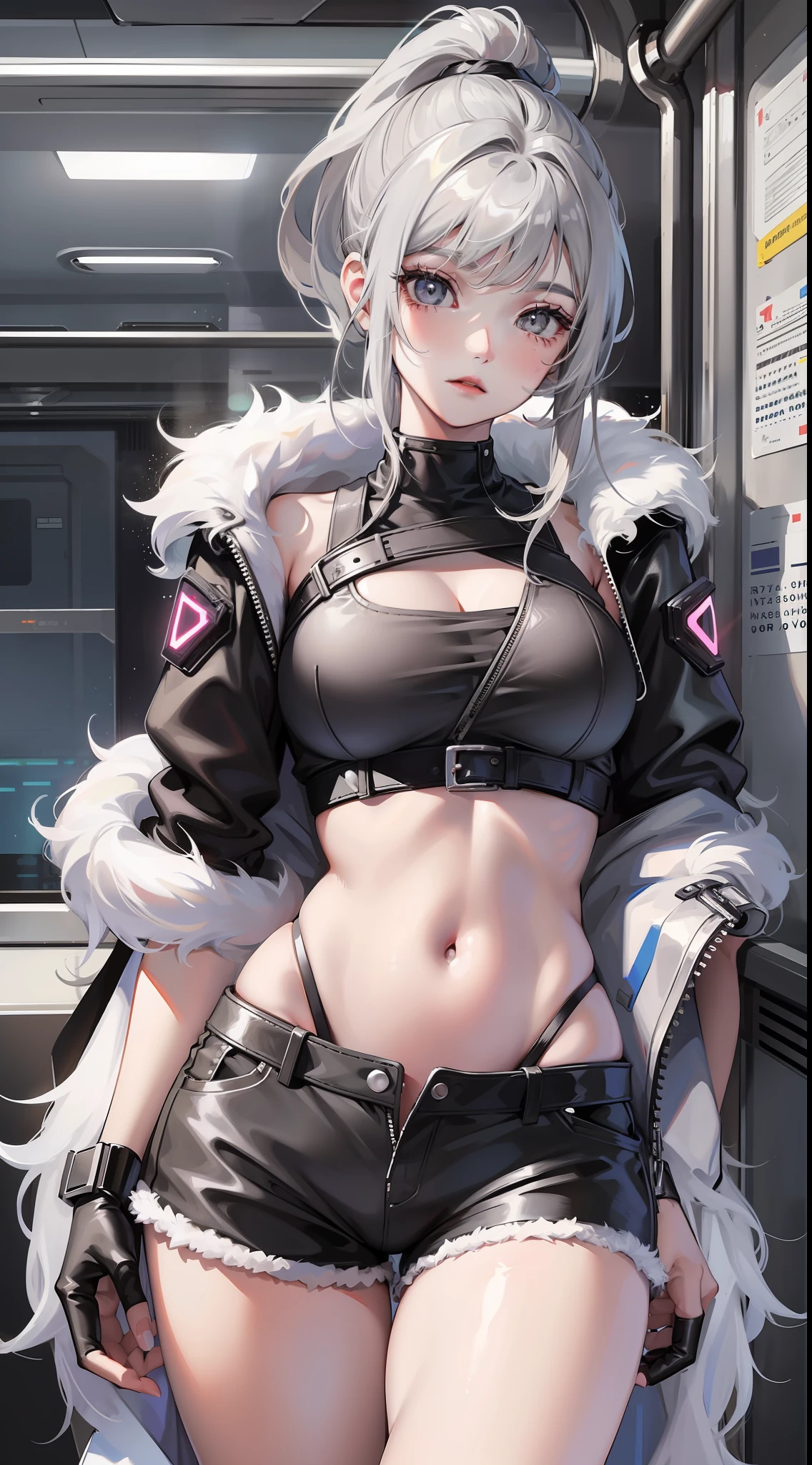 Young girl on train, short gray hair, gray eyes, high ponytail, cyberpunk, white top, open belly, shorts, fur coat, masterpiece, high quality, SilverWolf