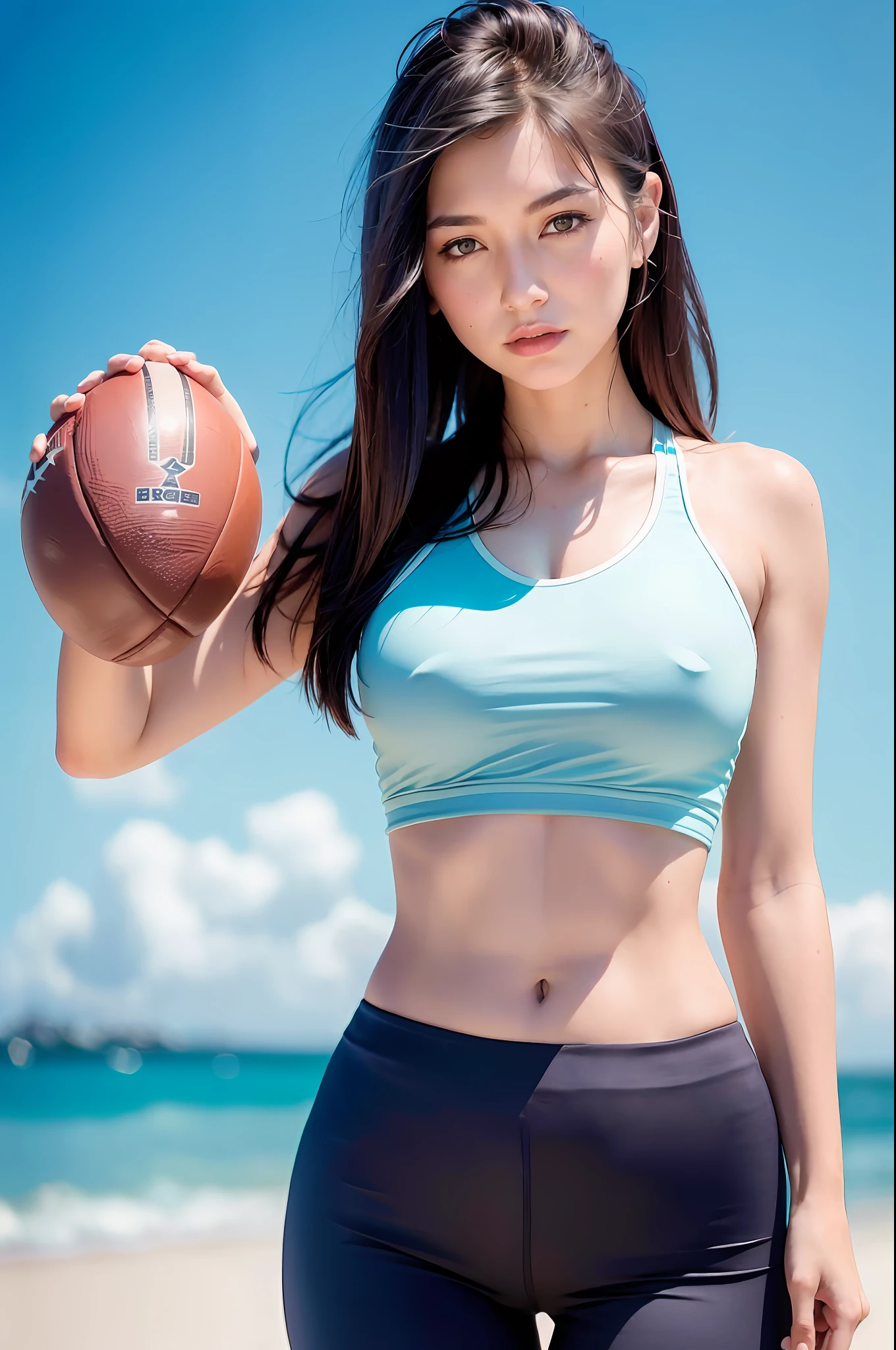 1girl, beautiful retro colors, instagram (realistic, high resolution: 1.4), ((puffy eyes)), looking at the viewer, full body (8k, RAW photo, best quality, masterpiece: 1.2), (realistic, photorealistic photo: 1.37), (sharp focus: 1.2), professional lighting, photon mapping, radiosity, physically based rendering, (pale skin: 1.2), (small breast: 1.2), looking at the audience, (medium hair: 1.5), portrait, Purple Eyes, (Silver: 1.1), Bangs, (Simple Background: 1.4), Solo, Full Body, Realistic, (Masterpiece: 1.4), (Maximum Quality: 1.4), (Brightened), Mage Sister, Makeup, Smile (Skinny, Shut Up, Shy: 1.3), (Standing, Top Short Shirt Hem Knotted, Bottom Yoga Tight Shorts), Medium Bust, Sexy Pose, ((Beach)), ((Football-like Chest))