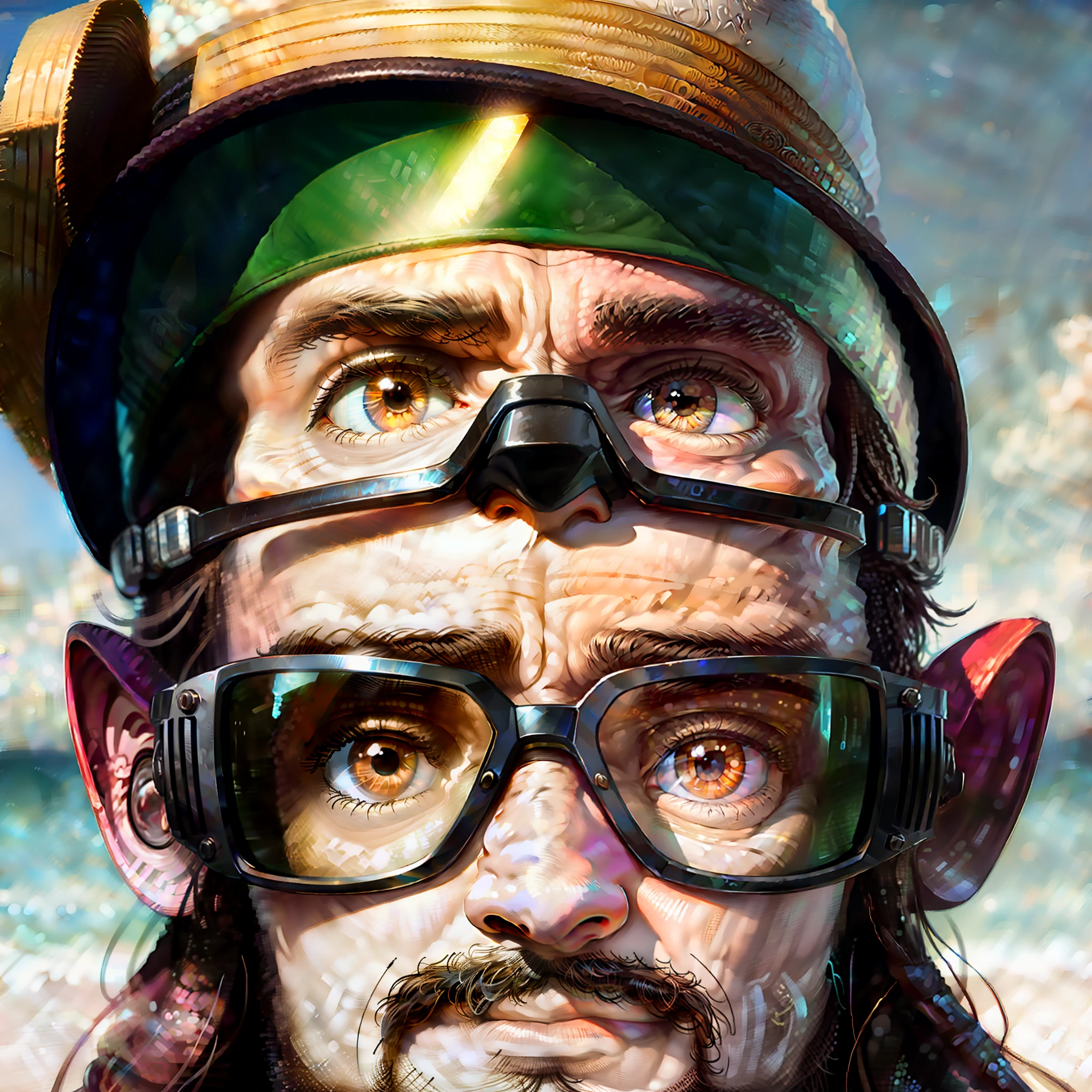 Close-up of a man in a hat and goggles, with a big head, a childish face