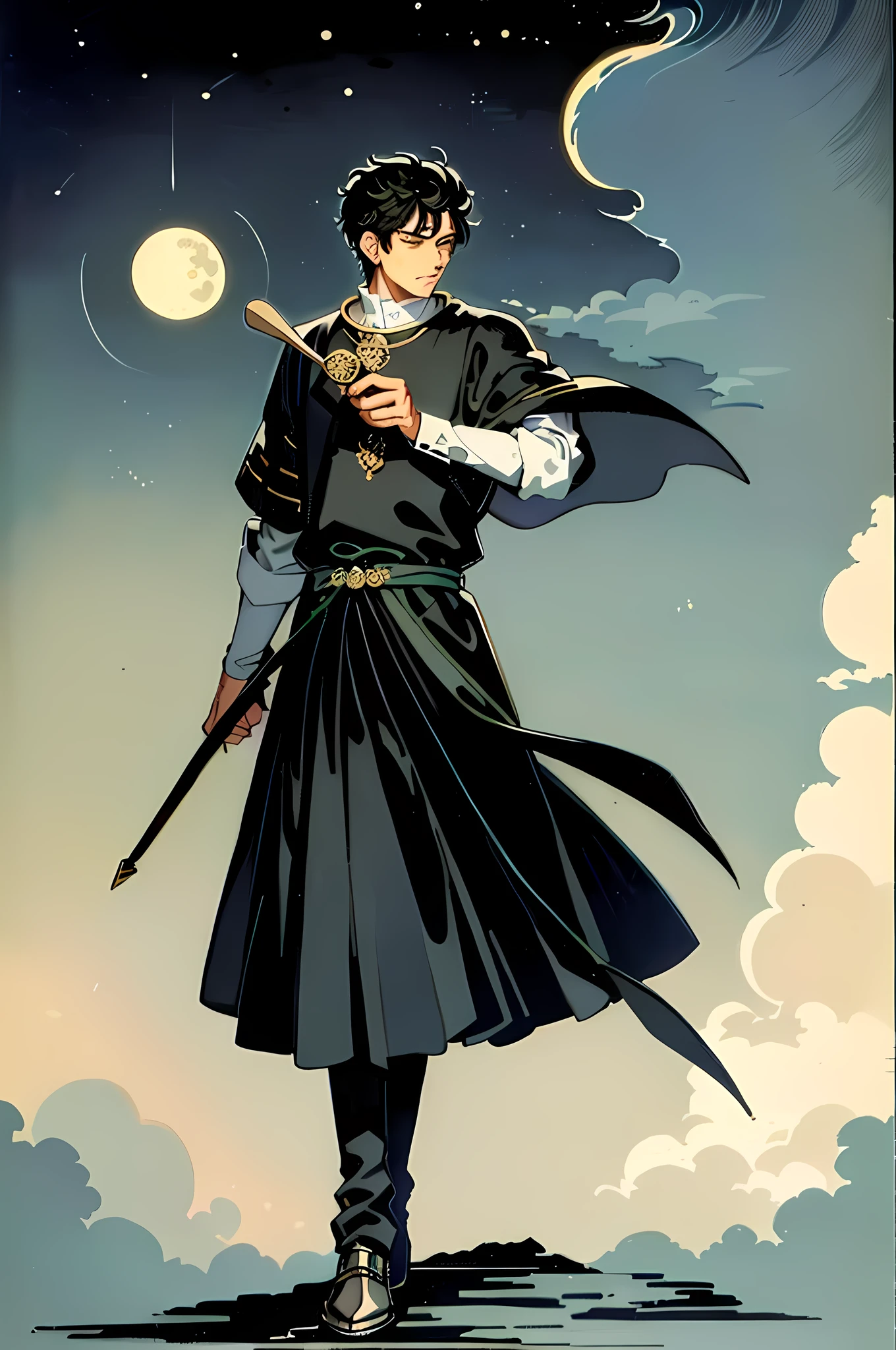 masterpiece, best quality, full body, tarot card, 1 man, calm, the moon, wisdom, knowledge, suit, short hair, black hair, muscle, brush cut, the king