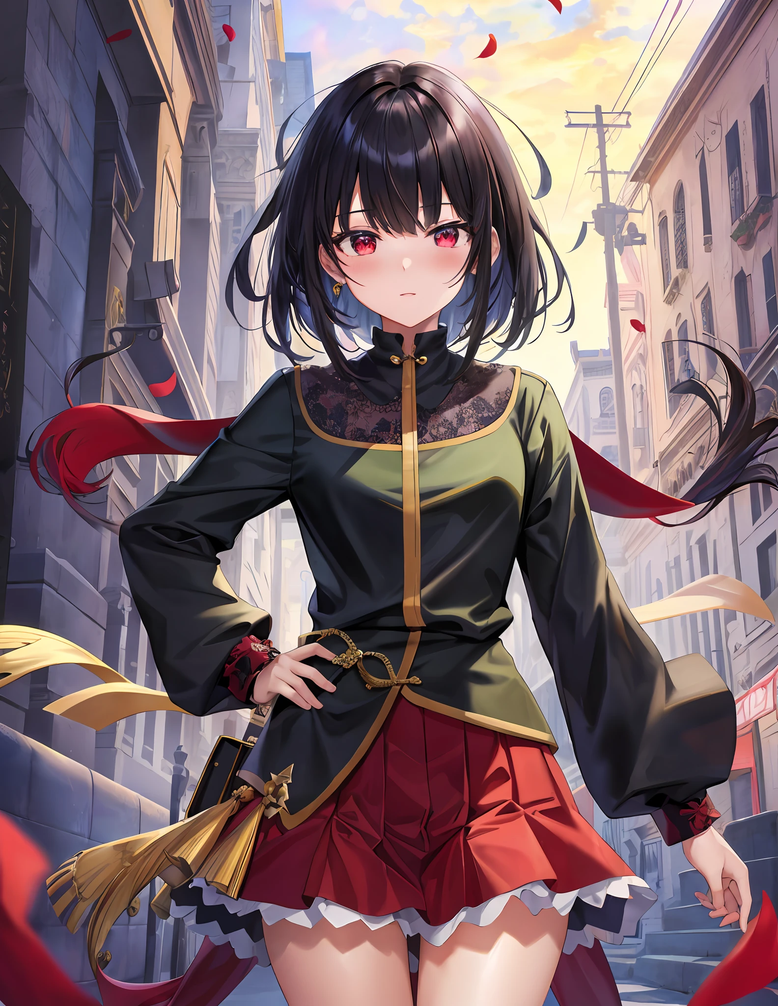 Model Shooting Style, (Masterpiece:1.3), (Absurdity:1.3), (Best Quality:1.3), (8K), (Masterpiece Digital Art), (Detailed Manga Illustration), (Handle Hair), Perfect Anatomy, (Complex Detail:1.3), (Detailed Detail:1.3), (Illustration:1.3), (Sharp Focus:1.3), (Vivid Color:1.3), 1Girl, Solo, ( Shorthair:1), hair between the eyes, (black hair), red eyes, floating hair, miniskirt, sexy, (embarrassing, embarrassing, blush),