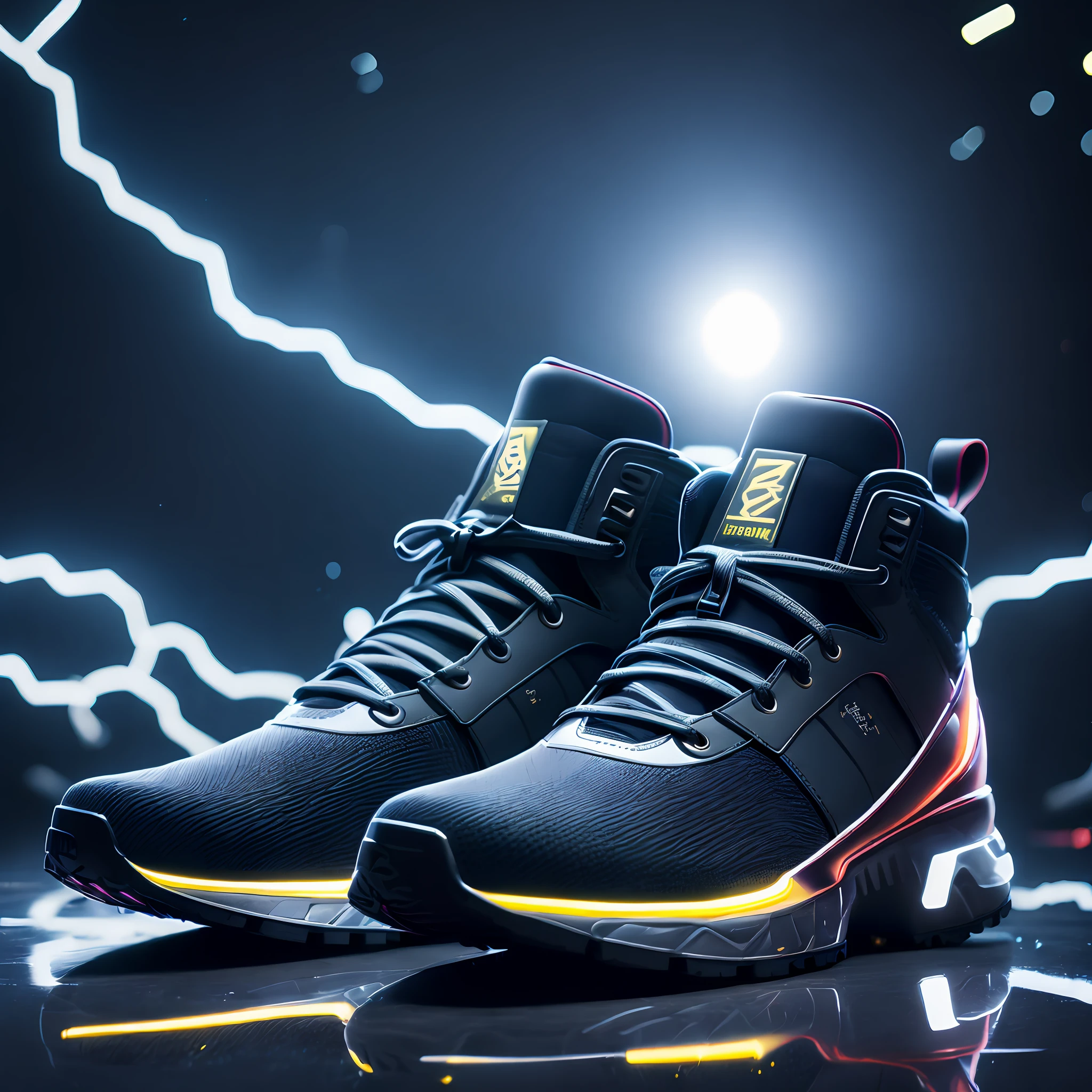 product photography of a cybepunk sneakers, epic render, octane, atmosphere, particles, soft volumetric lights, (backlit:1.3), (cinematic:1.3), intricate details, (ArtStation:1.3)