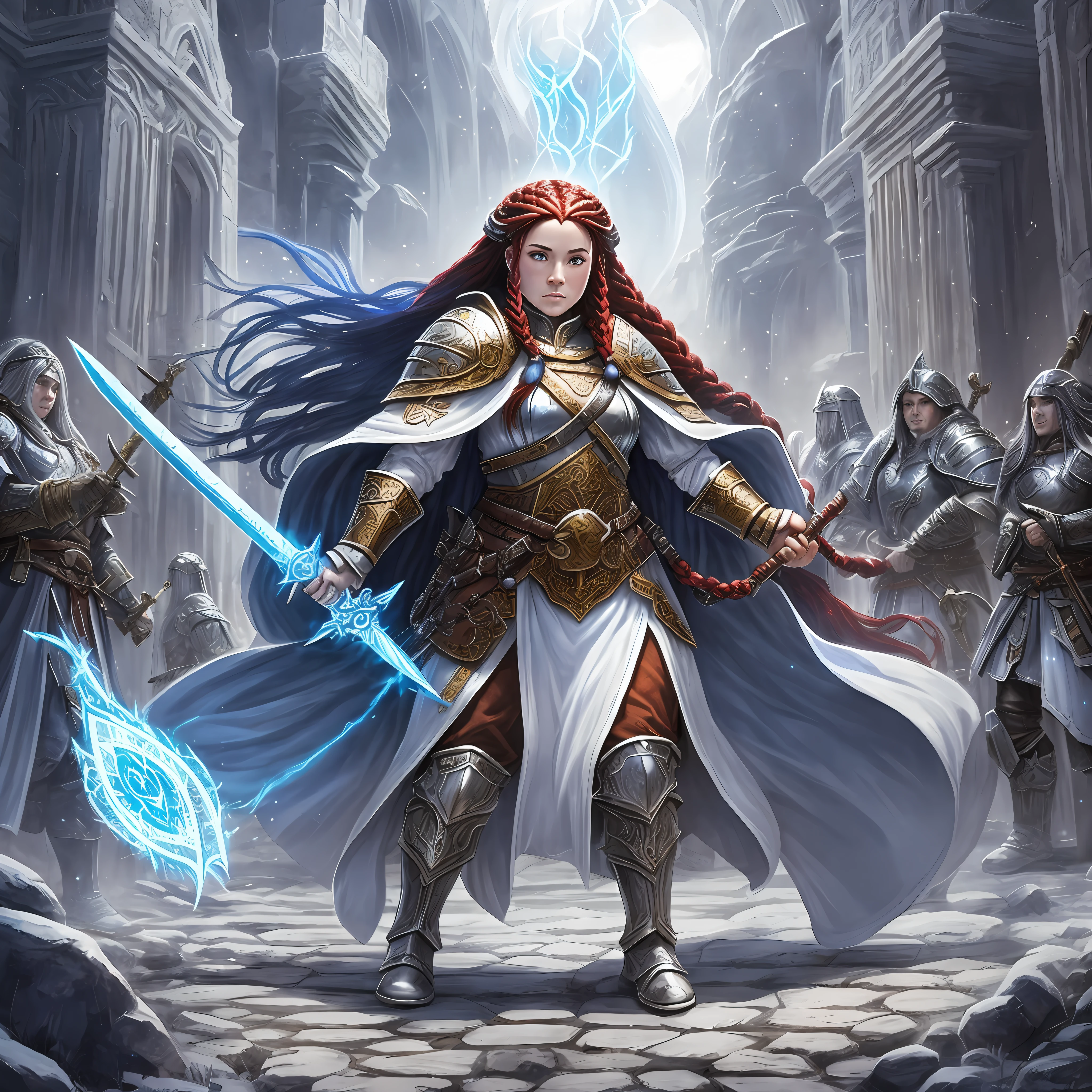 full body, dwarf, female, with long red braids long braided hair epic, cleric casting a divine spell epic , wearing a white heavy armor and blue cloak epic, intense details, armed with a sword with sigils epic in a fantasy battlefield dnd art --auto --s2