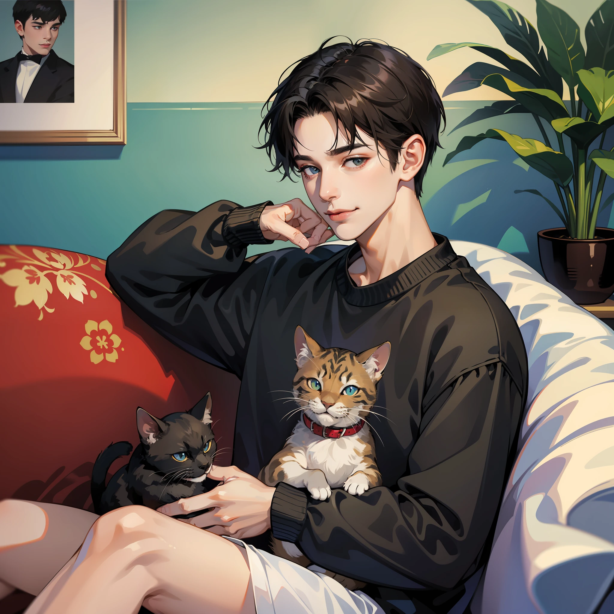 Male, delicate face, short black hair, smile (0.1), black sweatshirt (cat pattern), sitting on white sofa, living room background