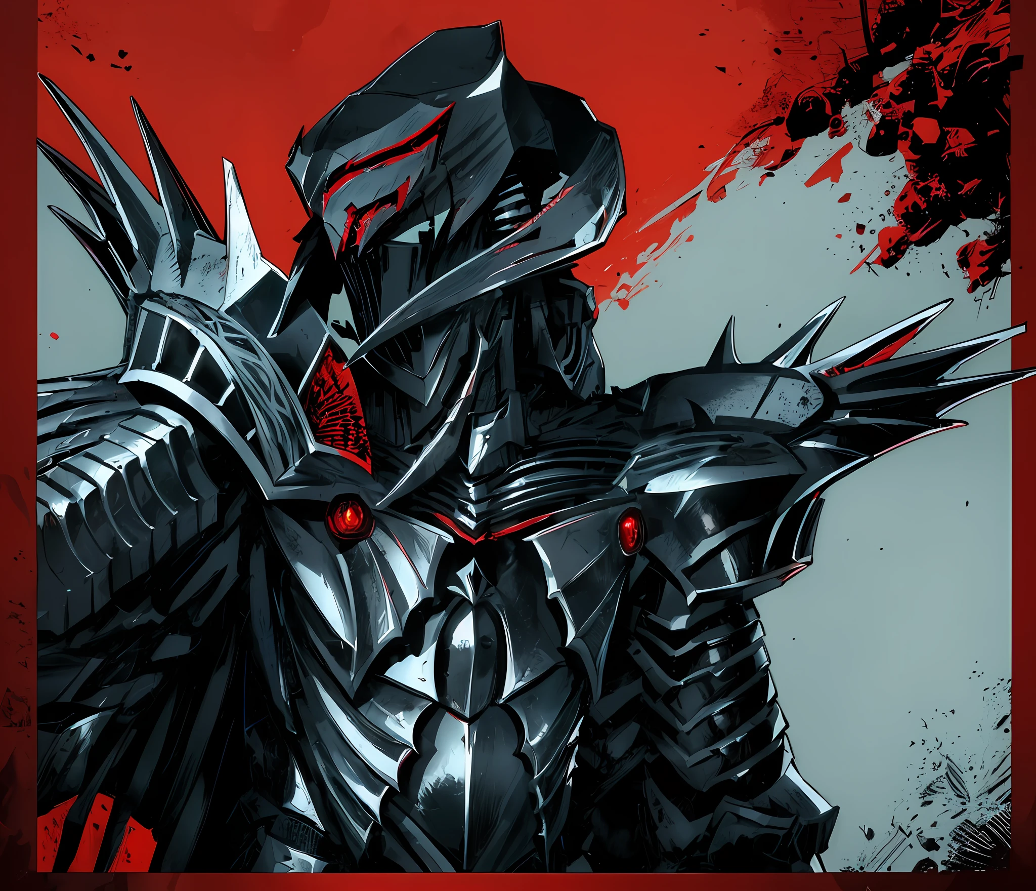 a close up of a person in armor with a red eye, face of an armored villian, berserk skullknight black armor, anthropomorphic raven knight, sharp edged black armor, dark soul armor concept, intricate assasin mecha armor, alien space knight, covered in full metal armor, greek god in mecha style, evil knight