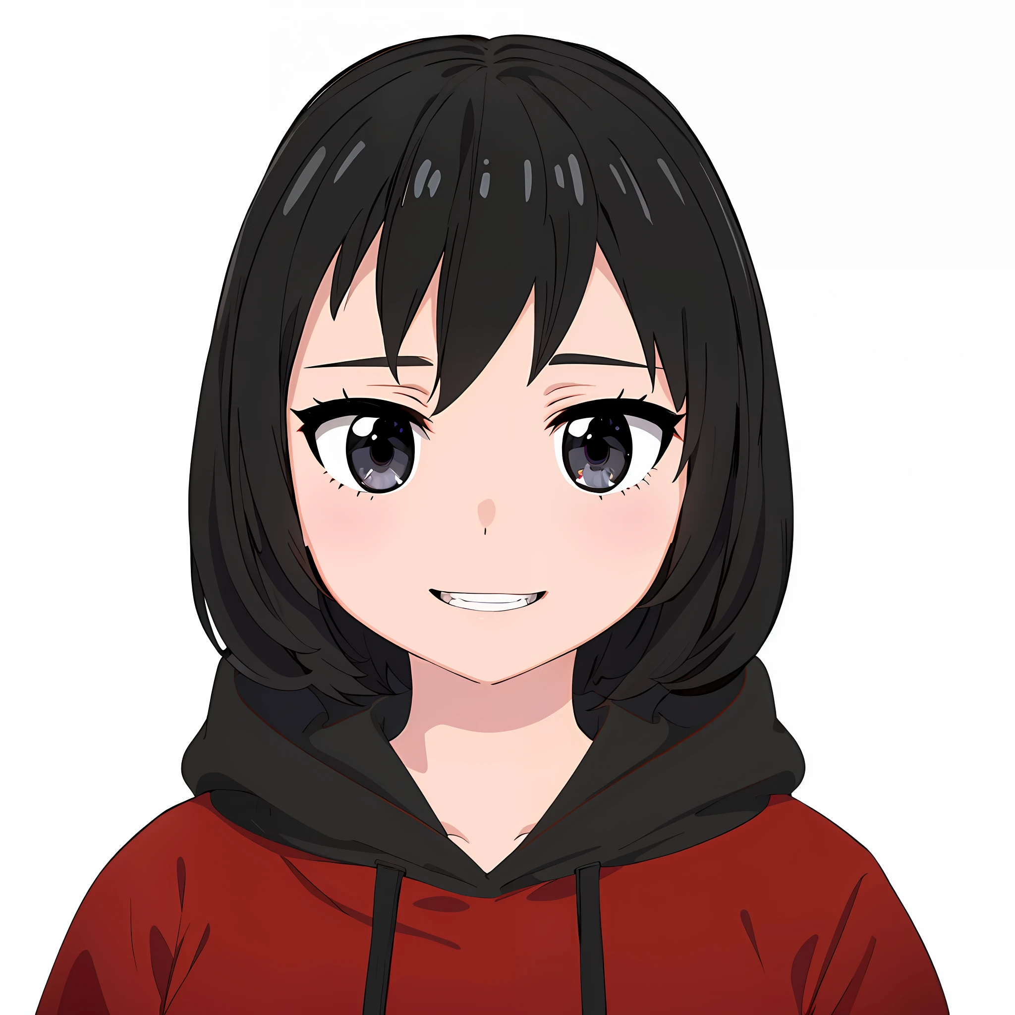 ((masterpiece, best quality)), ((ultra quality)), 1girl, solo, black hair, medium hair, grey eyes, very detailed, simple eyes, anime style, looking_at_viewer, anime girl with black hair, live2d virtual youtuber model, medium hair haired woman, black colored hair, 2d anime style, stylized anime, short hair, anime style, 8k, anime stylized, bangs, anime in scenery, white mode background, dark black colored iris eyes, black with red hoodie jacket, smile face, showing teeth