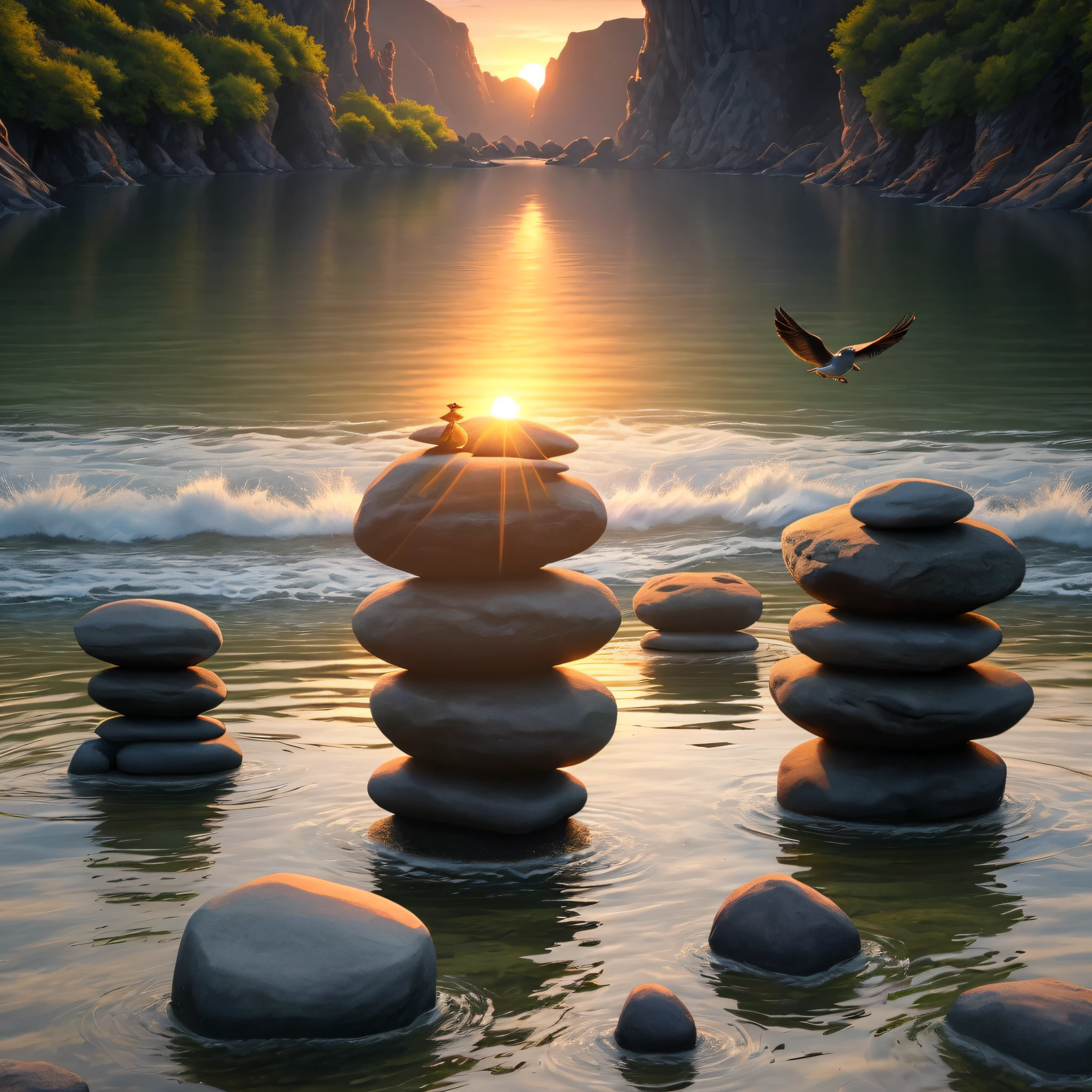 Create a sequence of 5 stones stacked one on top of the other on the edge of a river with a sunset in front with birds flying and small fish jumping out of the water, ultra realistic image, photo taken by super professional camera, 8K