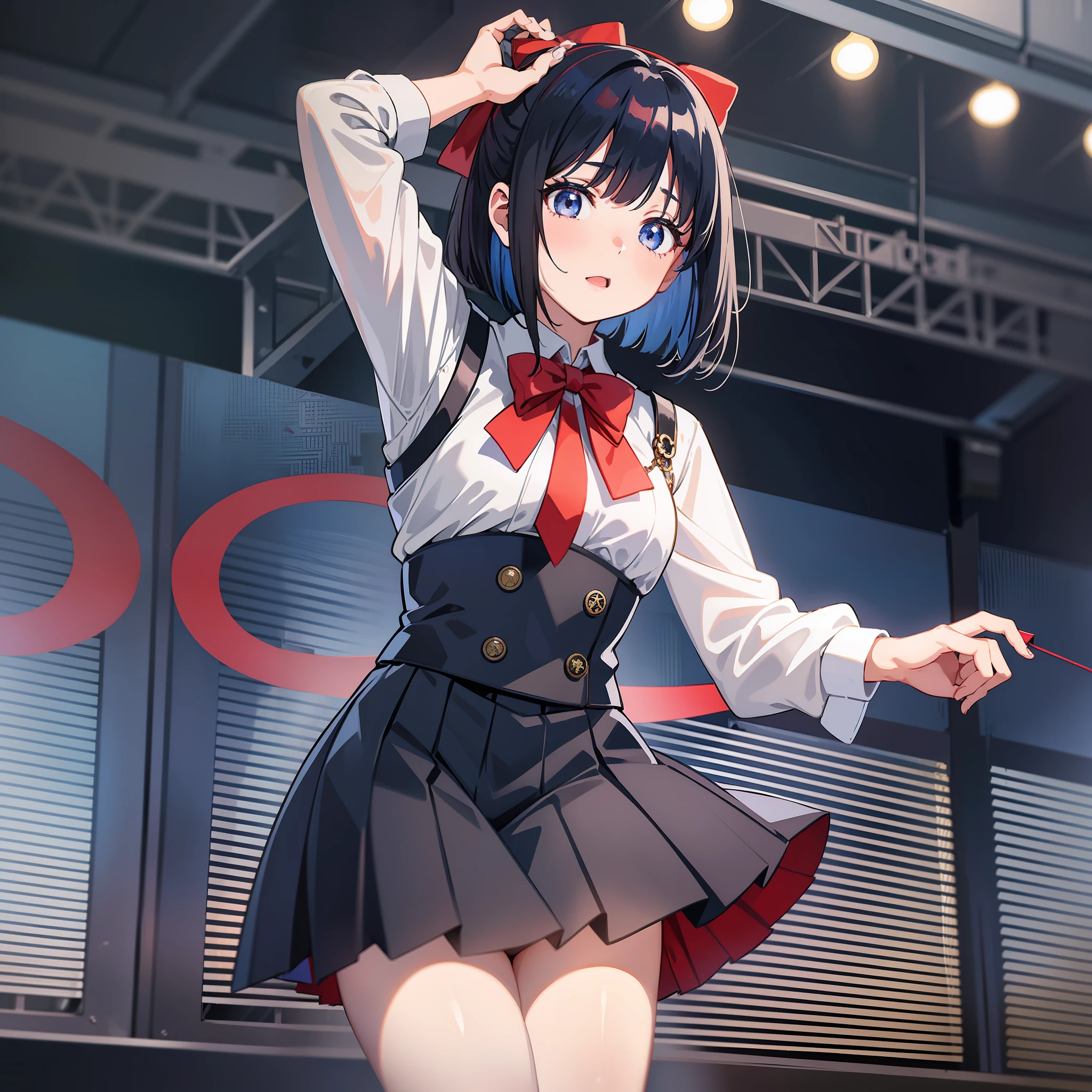 1girl, japanese singing idol, straight dark blue hair in a bob cut, with a red bow on top, blue irises, white blouse with a red tie, black skirt with white trim, black tights, white shoes, pocket watch around neck, on stage, cute dynamic idol pose