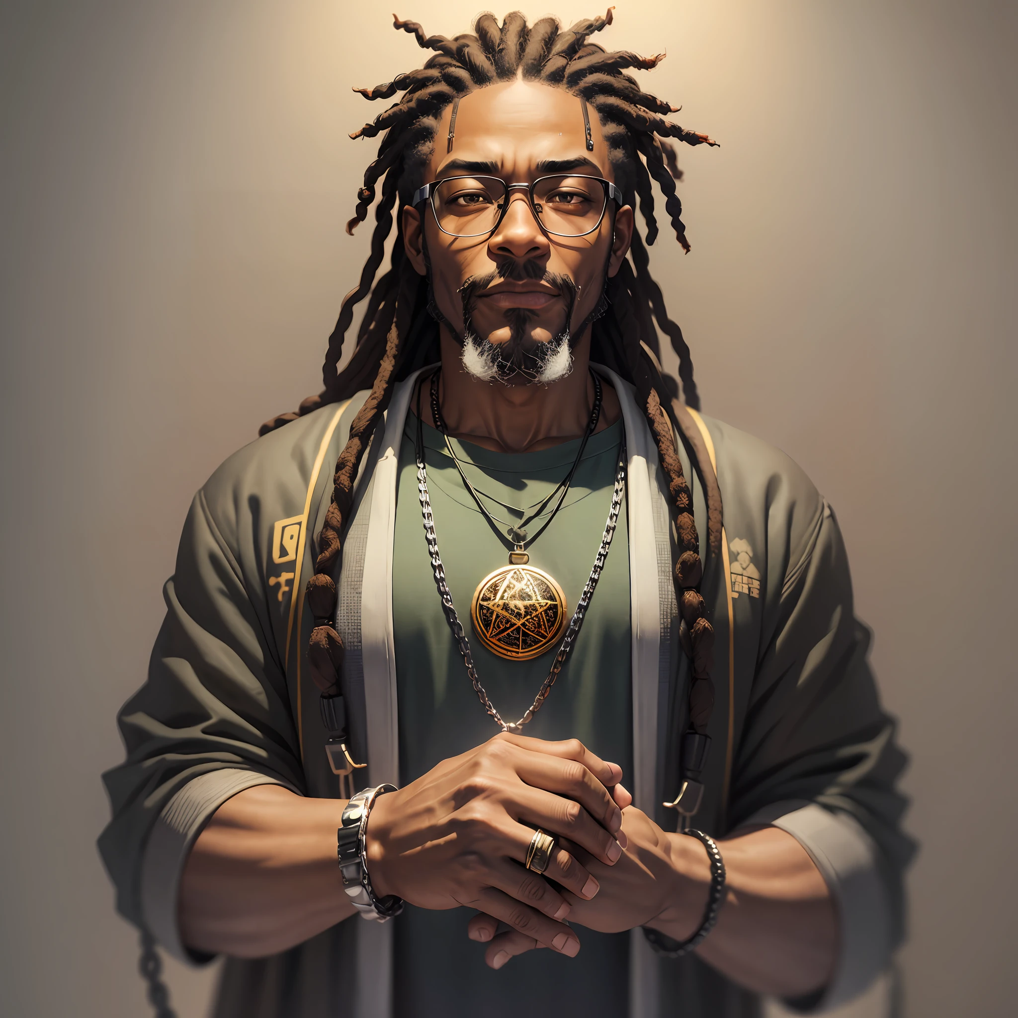 a black man in dreadlocks and in rapper clothes looking forward with glasses, goatee and gray beard, thin medium face, brown eyes and a chain with a hexagram pendant with his arms lowered presenting a TV newscast with his chin raised, no earring and his face looking to be about 30 years old --auto --s2