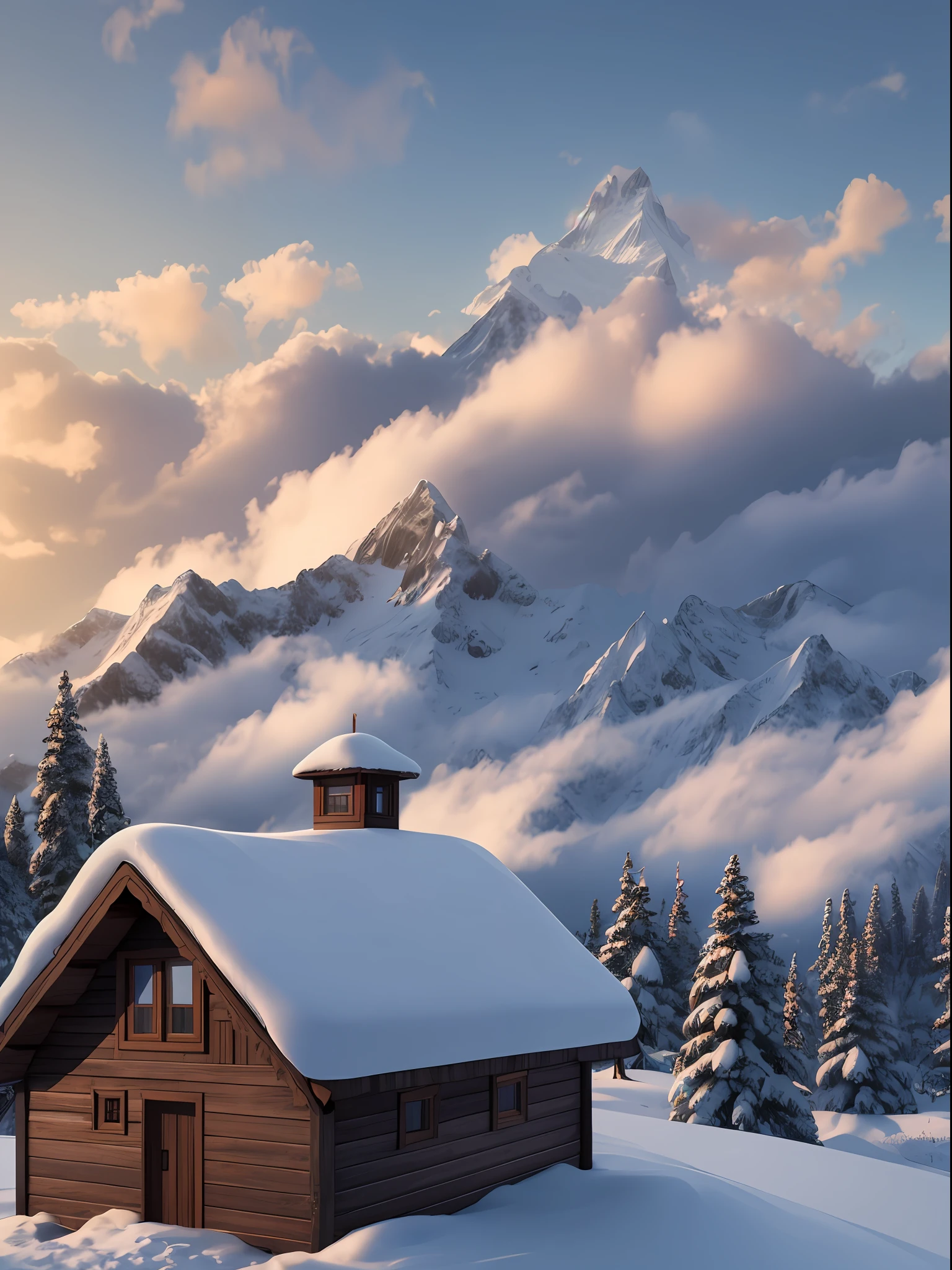 Small wooden house located on top of a high snowy mountain. You can see the clouds below the house. Very intricate image, hyper-detailed, photorealistic, 8k --auto --s2