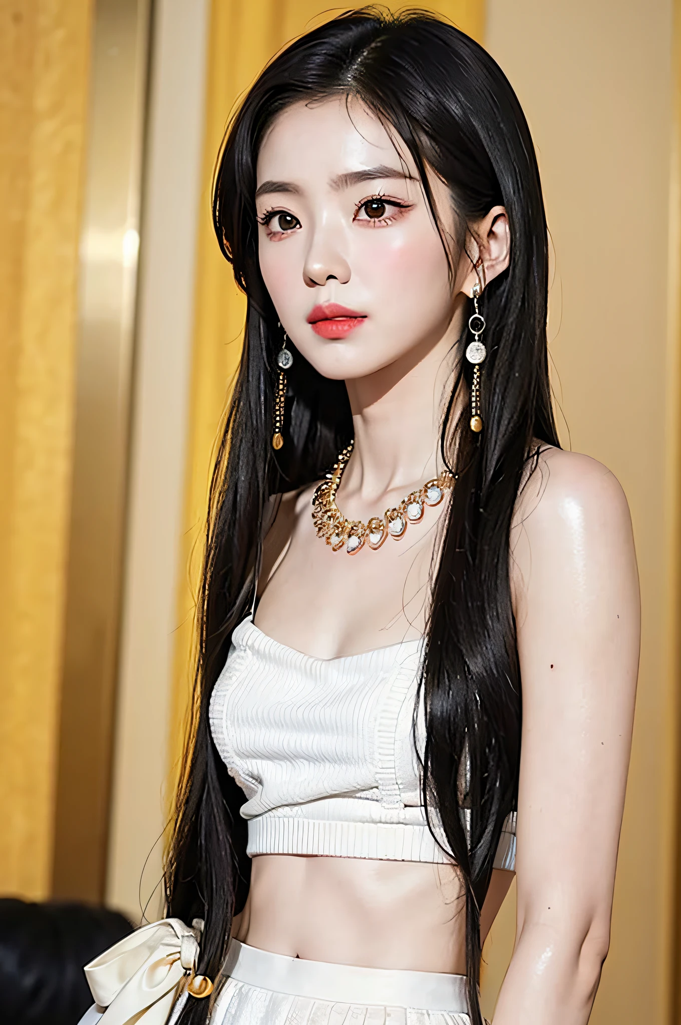 Girl, black hair, black eyes, closed mouth, collarbone, earrings, jewelry, lips, long hair, around tail, looking at the audience