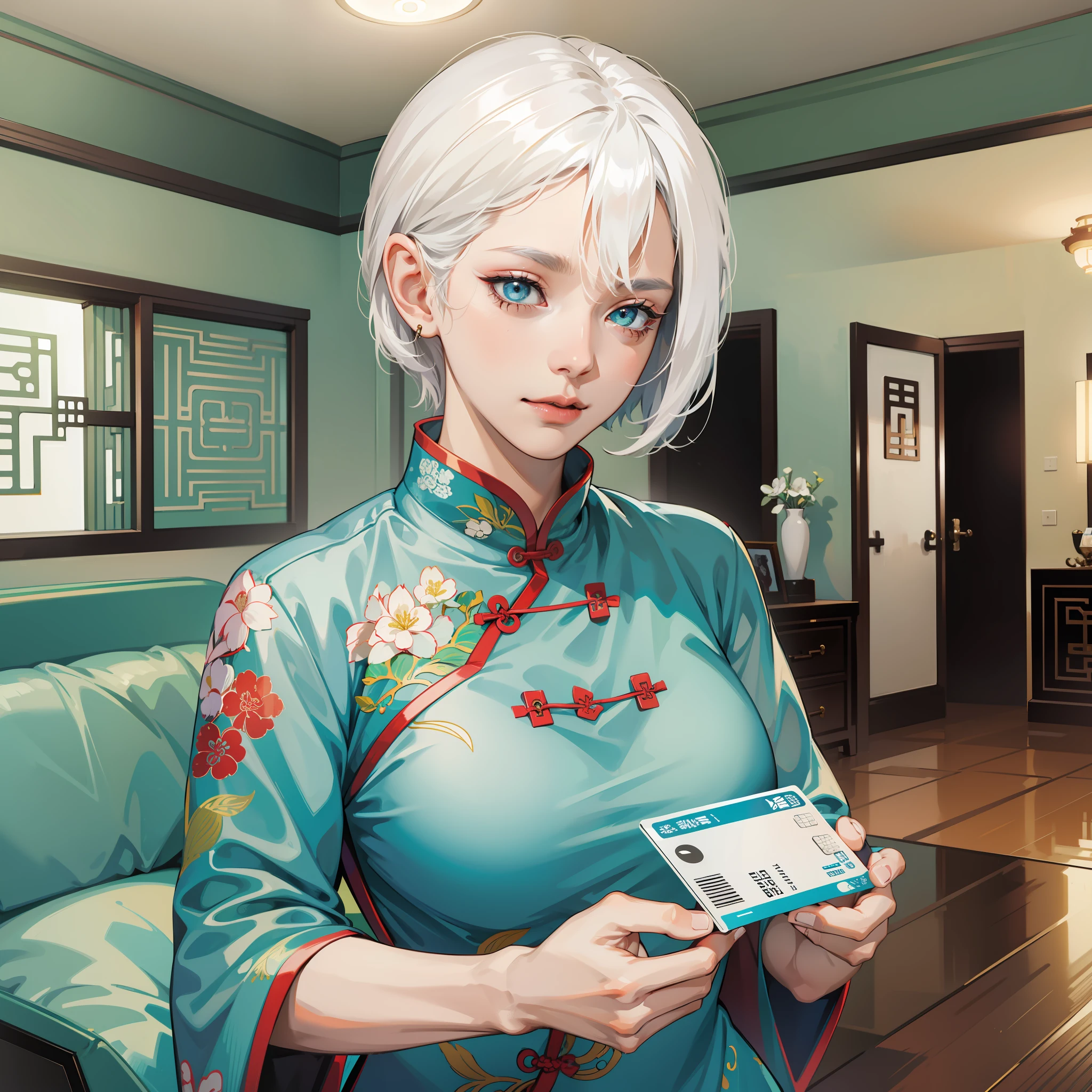 Female, middle-aged, white hair, wrinkled, wearing cyan cheongsam, standing, living room background, bust, holding bank card in hand