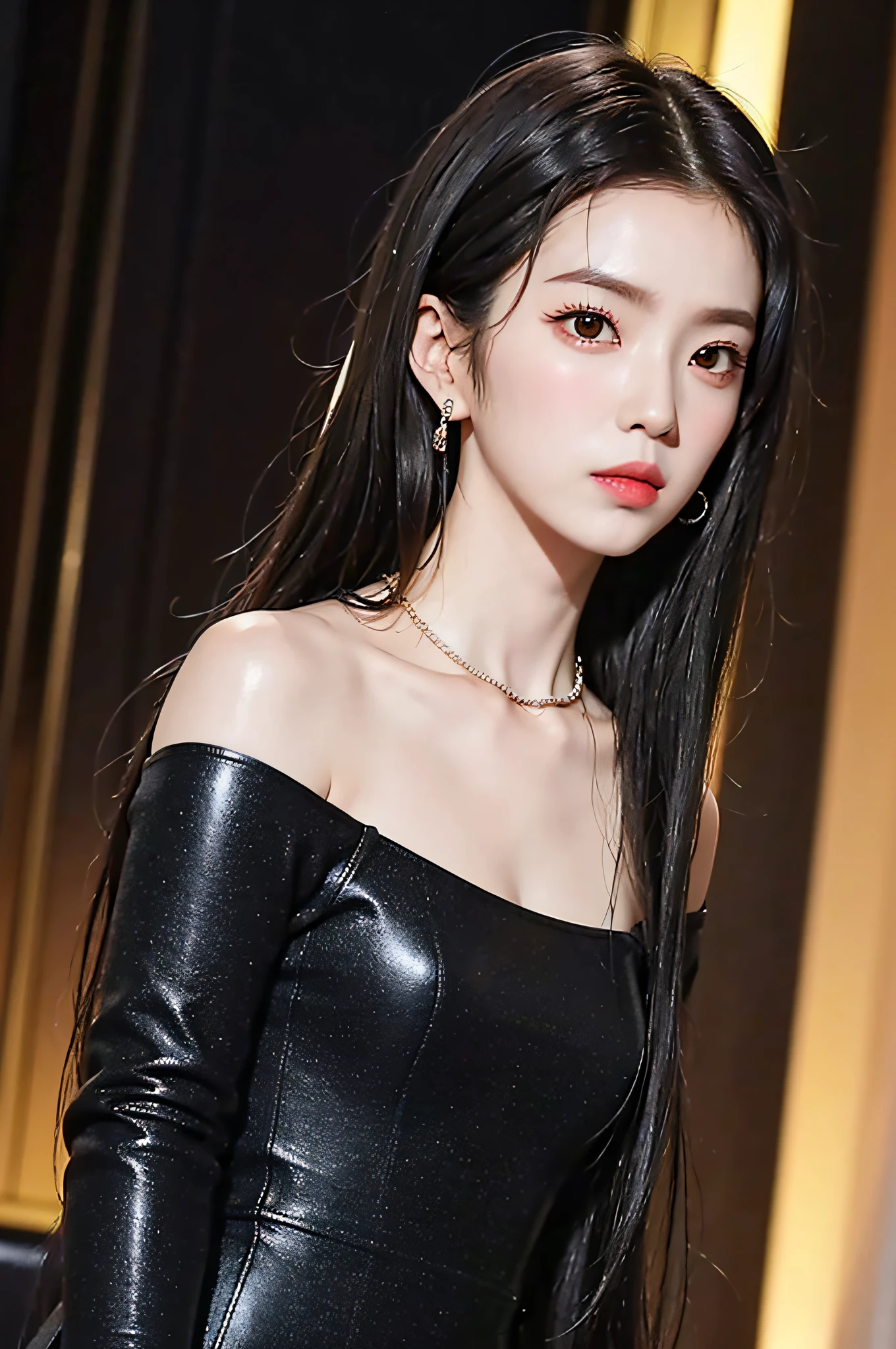 Girl, black hair, black eyes, closed mouth, collarbone, earrings, jewelry, lips, long hair, around tail, looking at the audience